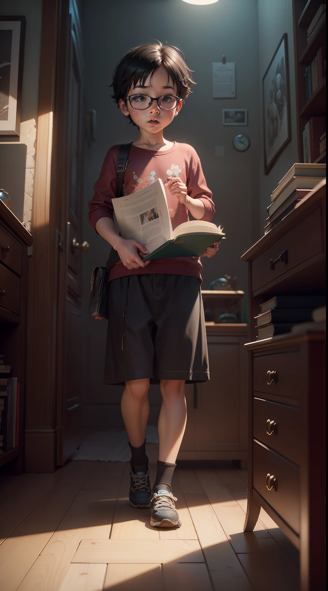 kid reading a book ,unreal engine, bedroom, artstation, detailed, digital painting,cinematic,character design by mark ryden and pixar and hayao miyazaki, unreal 5, daz, hyperrealistic, octane render