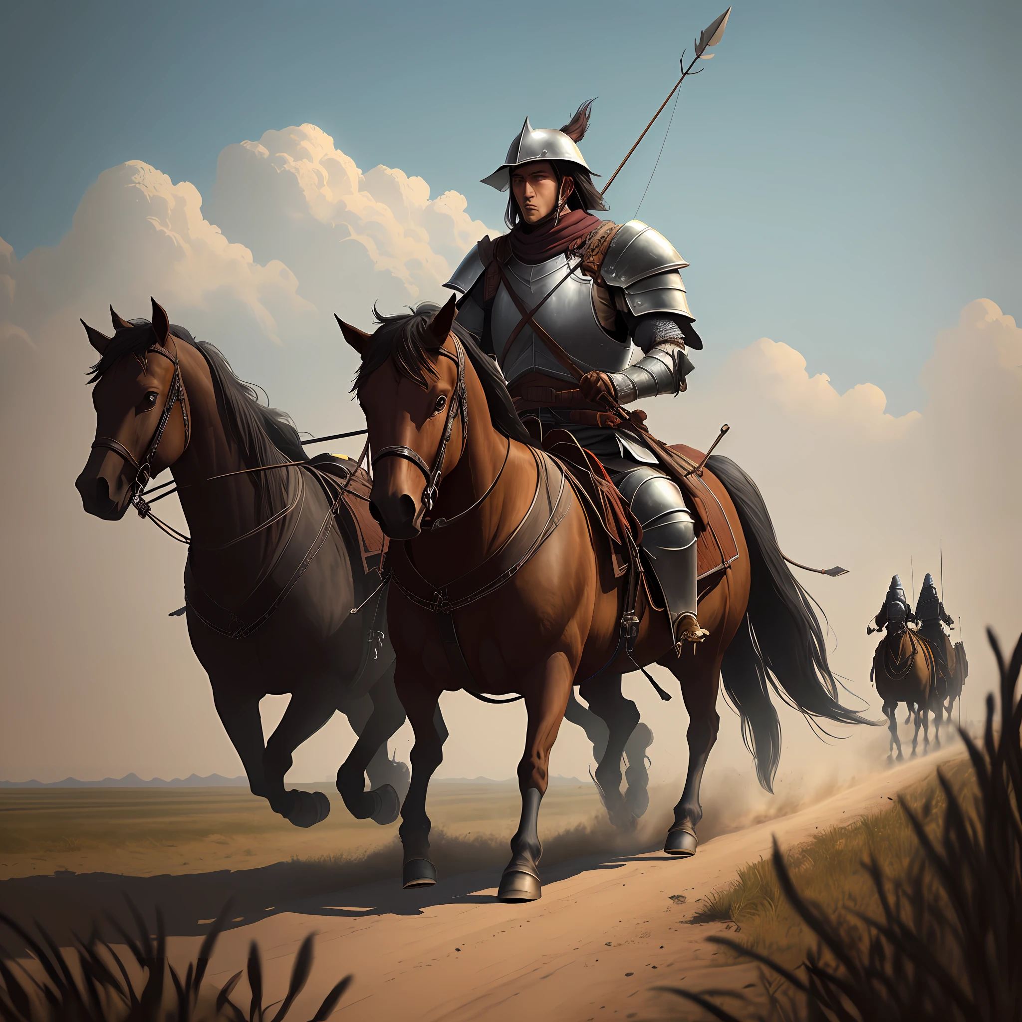 An ancient carriage is charging across the endless plain，The chariot was driven by two horses，Several militiamen dressed in simple and worn-out armor and armed with spears and bows and arrows stood on it，Dust behind them，Hundreds of these same carriages are also on the march，Their mission is to enter enemy towns before dusk