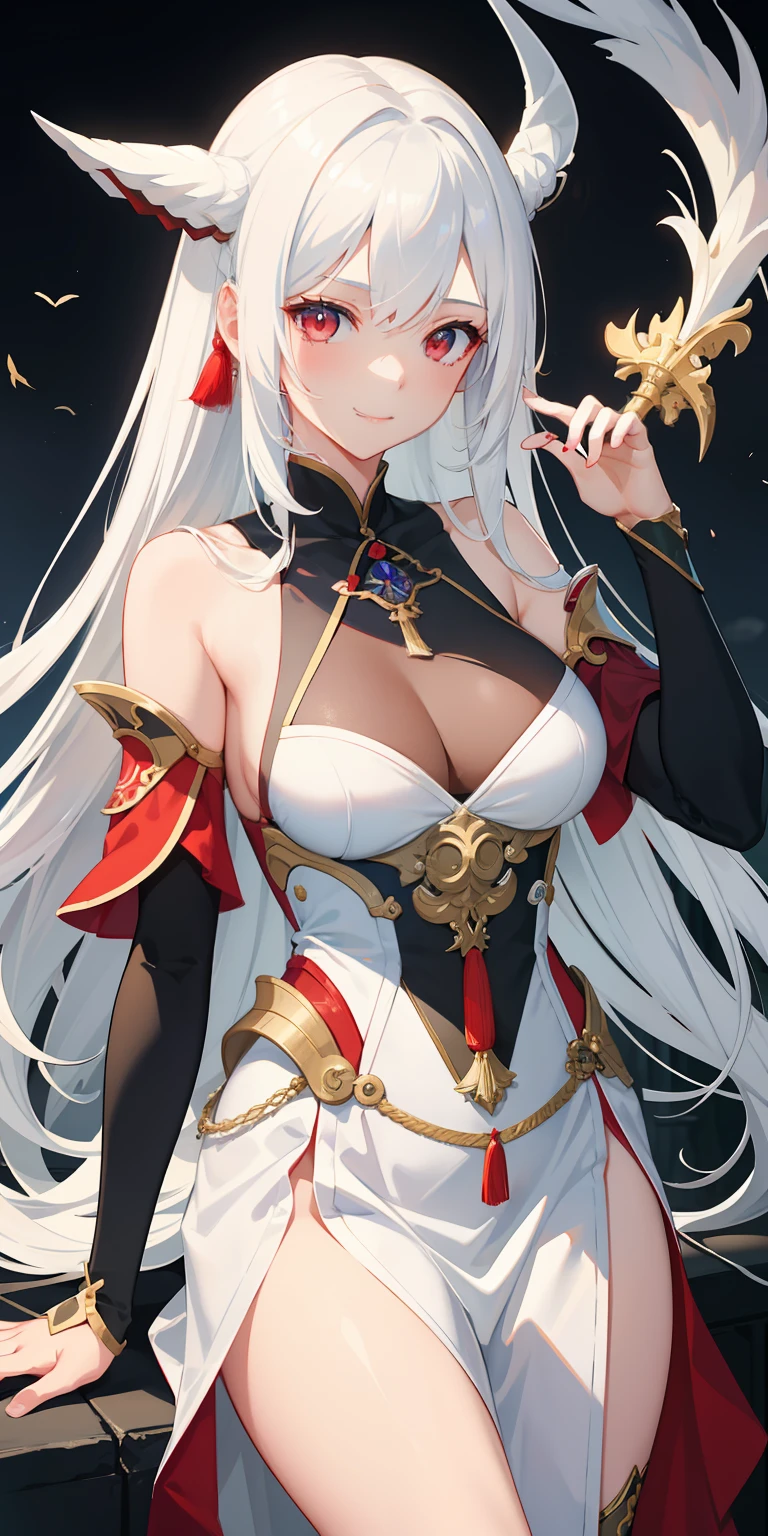 masterpiece、top-quality、1girl in。 white hair,Red eyes,(Mare:0.8), (evening glow:0.7),(middlebreast:1.4), (a smile:0.8)
