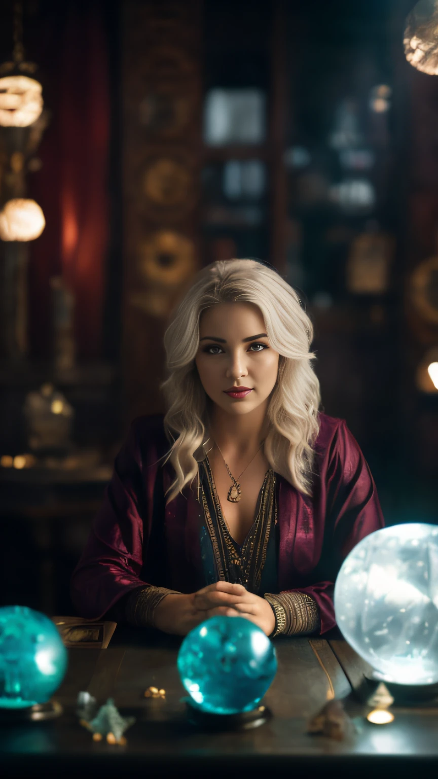 uma mulher sentada em uma mesa com uma  bola de cristal, arcano, Netflix, Do arcano da Netflix, Retrato da feiticeira feminina, Maya Ali como um D&d feiticeiro, Maya Ali como D&d feiticeiro, foto ainda, an arcane wizard casting a spell, Retrato de um mago feminino, Female mage conjuring a spell, with symbol of the signs of the zodiacs in the background,