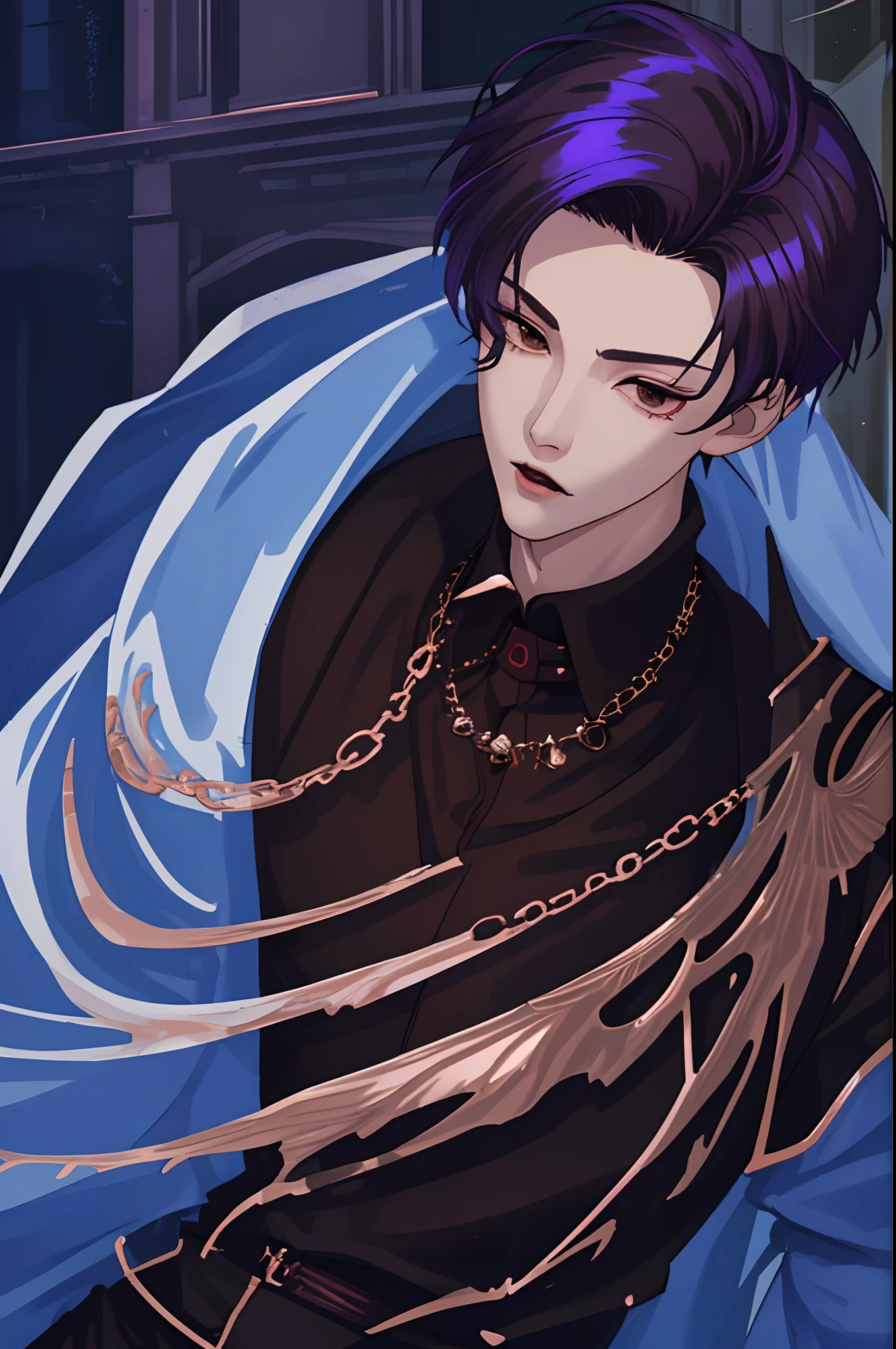 Moonlight behind, Stand in Front of the Church, Man with bright purple hair, inspired by Sim Sa-jeong, nixeu and sakimichan, Inspired by Wang Duo, Morgoth, inspired by Bian Shoumin, Virtual Self, looking this way, inspired by Gang Se-hwang, inspired by jeonseok lee, Tumbler, high-level image quality、 beautiful male、tall、window、𝓡𝓸𝓶𝓪𝓷𝓽𝓲𝓬、Korean Male, k pop, Professional Photos, Vampires, À la Fed Man with Necklace, inspired by Sim Sa-jeong, androgynous vampire, :9 detailed face: 8, extra detailed face, detailed punk hair, ((Brown eyes)) baggy eyes, Seductive. Highly detailed, semi realistic anime, Vampires, hyperrealistic , delicate androgynous prince, imvu, short hair above the ears, Man with short hair, Glaring expression, Cool pose, Korean fashion with white chest plate visible Y-shirt and black pants