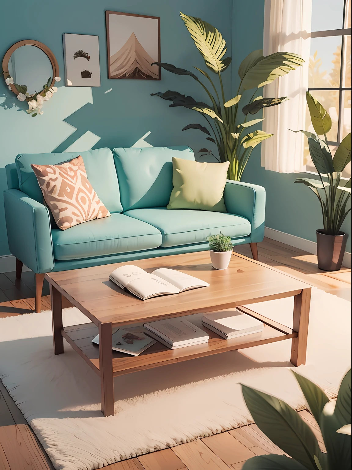 Coffee table illustration drawn in cartoon style. Add natural elements, As plants and flowers, And use a soft color palette to create a relaxing atmosphere.