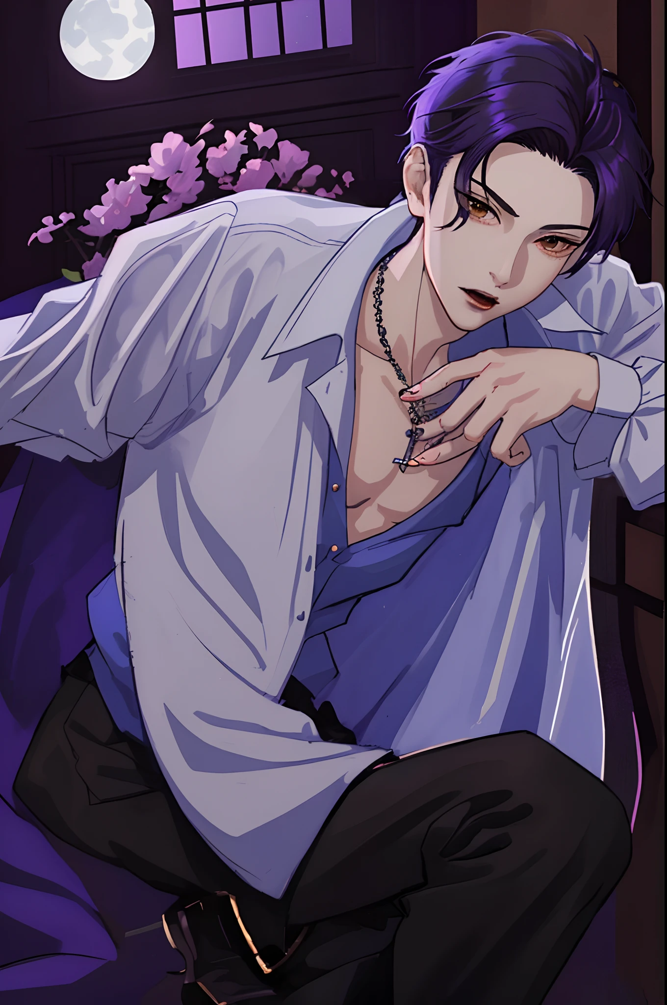 Moonlight behind, Stand in Front of the Church, Man with bright purple hair, inspired by Sim Sa-jeong, nixeu and sakimichan, Inspired by Wang Duo, Morgoth, inspired by Bian Shoumin, Virtual Self, looking this way, inspired by Gang Se-hwang, inspired by jeonseok lee, Tumbler, high-level image quality、 beautiful male、tall、window、𝓡𝓸𝓶𝓪𝓷𝓽𝓲𝓬、Korean Male, k pop, Professional Photos, Vampires, À la Fed Man with Necklace, inspired by Sim Sa-jeong, androgynous vampire, :9 detailed face: 8, extra detailed face, detailed punk hair, ((Brown eyes)) baggy eyes, Seductive. Highly detailed, semi realistic anime, Vampires, hyperrealistic teen, delicate androgynous prince, imvu, short hair above the ears, Man with short hair, Glaring expression, Cool pose, Korean fashion with white chest plate visible Y-shirt and black pants