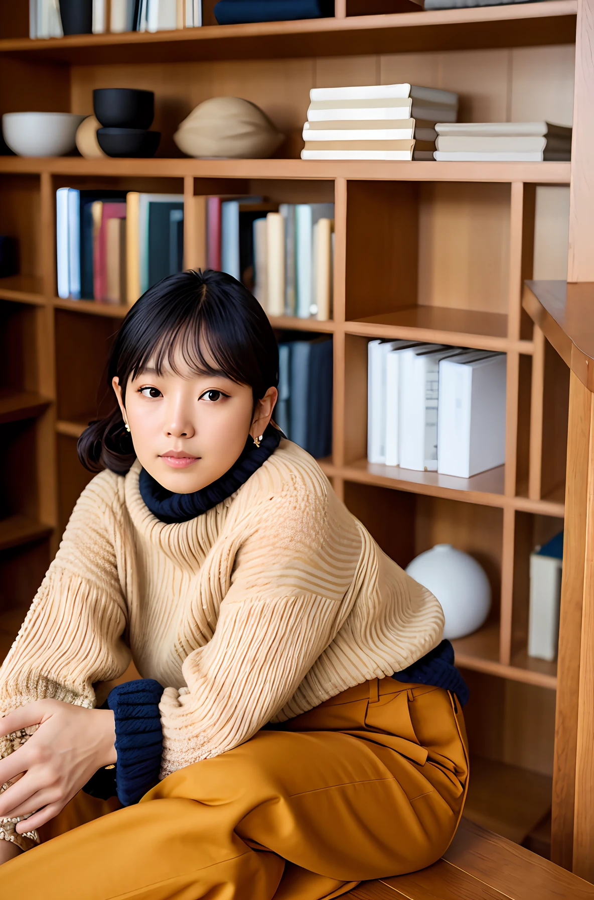 Knitwear in natural shades、Brown pants made of cotton material