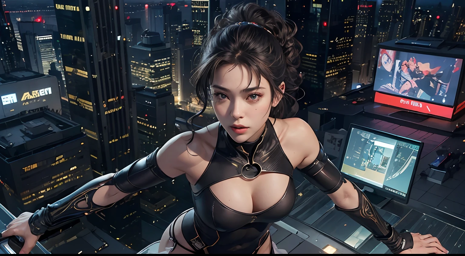 Detailed shiny skin、(realisitic、Photorealsitic:1.4),8K HDR, (1人の女性:1.4), masterpiece, (extremely delicate and beautiful:1.2),Detailed and precise fingers,Movie angle,电影灯光, (Black woman with beautiful face drawn in detail:1.5),(futuristic cities,Distant view of SF buildings,kung fu pose),skinny body、muscular body、nighttime scene、Beautiful Cyberpunk,On the roof of a building、View from above、Thigh exposure、Air rotation、Curly hair in a short bun+Yellow mesh、Drone reconnaissance planes fly around