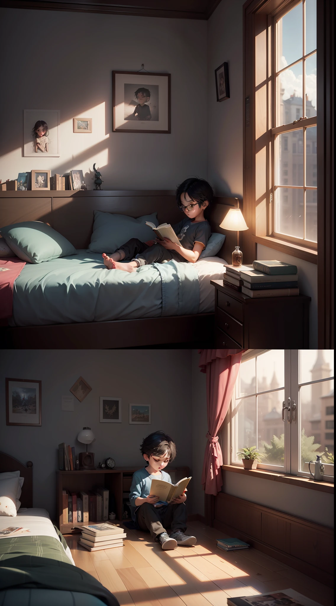 ??? reading a book ,unreal engine, bedroom, artstation, detailed, digital painting,cinematic,character design by mark ryden and pixar and hayao miyazaki, unreal 5, daz, hyperrealistic, octane render