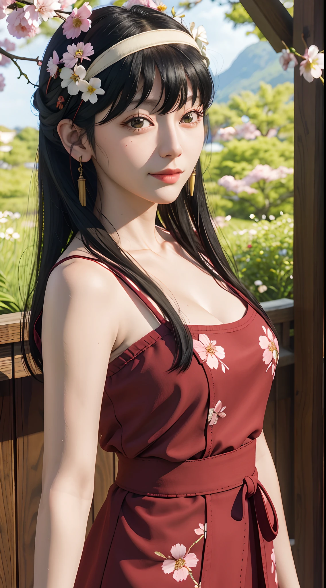 yor, Mature female, bangs, side locks, Red eyes, Black hair, hair adornments,sportrait, (face:1.2), schoolgirls, ssmile,bare shoulders, Black hair, cherry blossom, cleavage, (Robe:1.21), 鎖骨, Willow Branch, (masterpiece best quality :1.2),