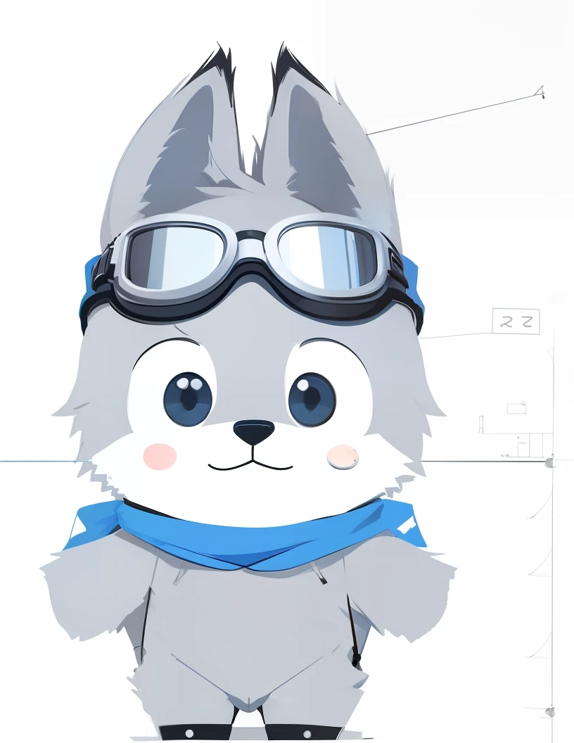 Cartoon gray wolf，stickfigure，goggles on head，adolable，Wearing a blue scarf，simple line，Pubic area is clear，Clear lines，quadratic element，Simple color patches，background whites，ren