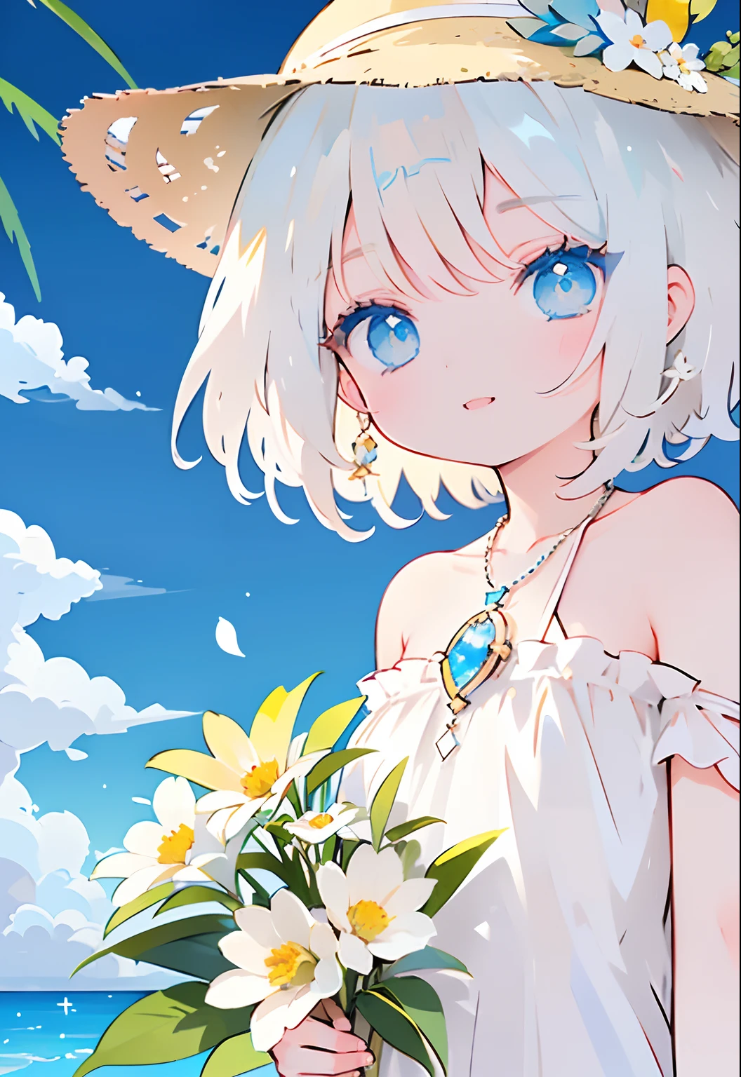 Light golden hair、blue eyes、long、girl with、White Dress、Shoulder out、mare、blue-sky、Straw hat with flowers、looking at the viewers、Palm trees、Small necklace、blue gemstone、closes mouth、smil、Have a small bouquet、white blossoms、blue flower、discret smile、cute smile face