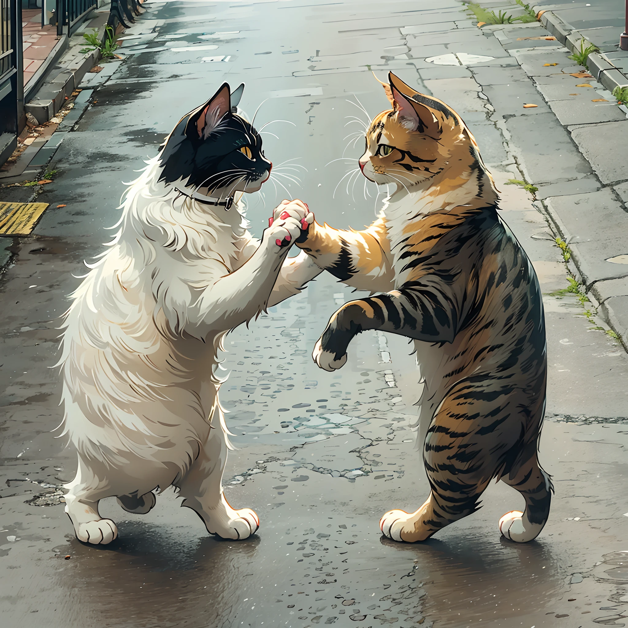 Two dancing cats holding hands on the street