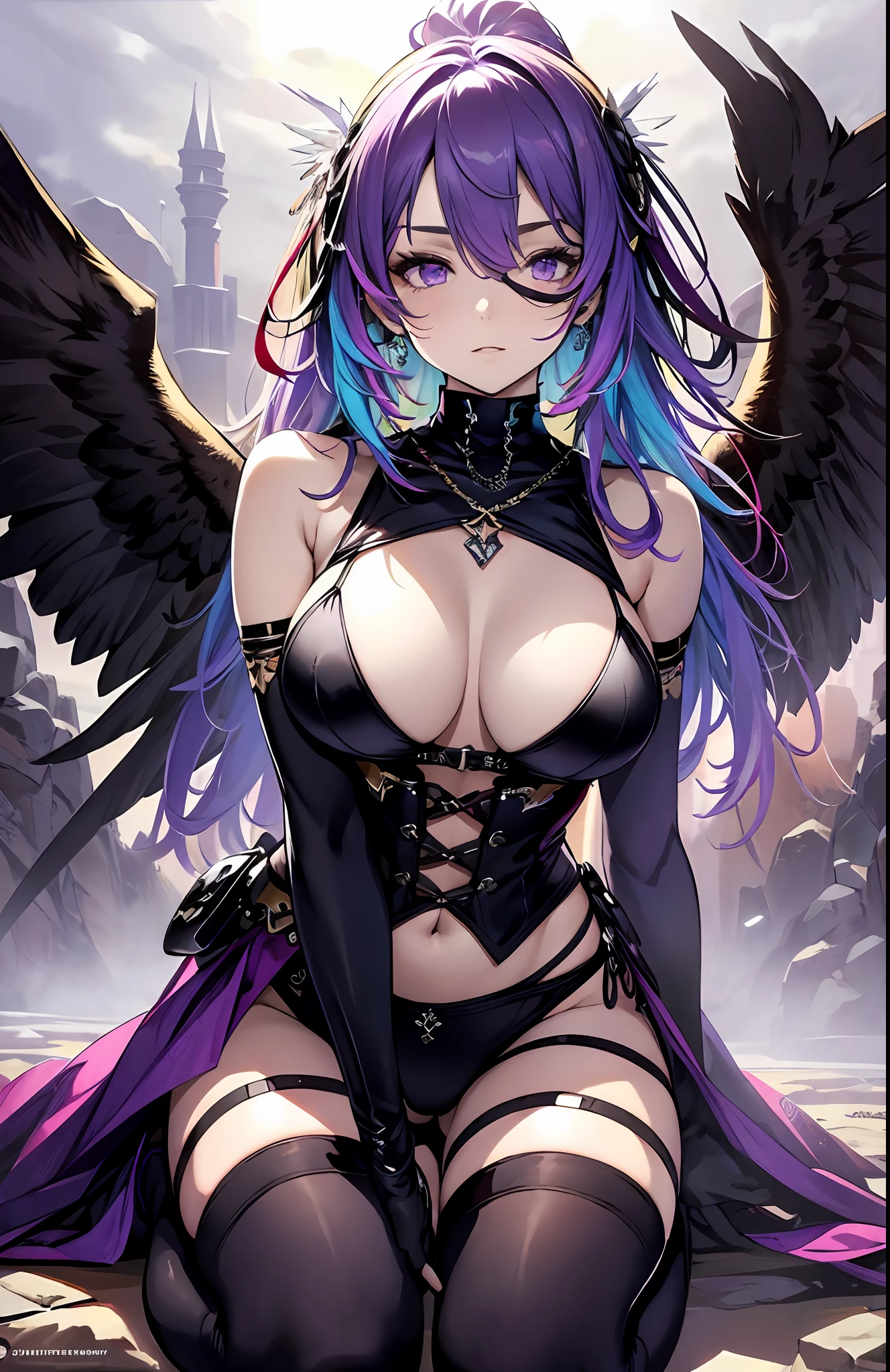 best qualityer,tmasterpiece,Ultimate resolution,downy,Extremely colorful,Colorful,Valley background,(Purple fog),Dancer,Bikini tights,Blindfolds,huge tit,The kinky is exposed,(cabellos largos dorados),Bird wings,a matural female,Kneeling pose,black reotard,vale,fog atmosphere,Normal posture