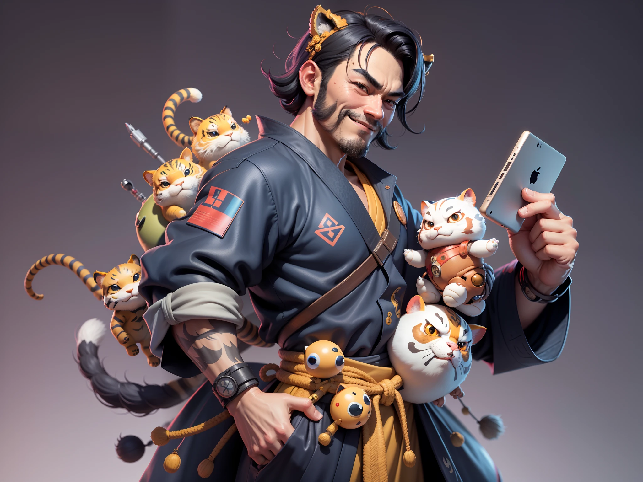 (Daisaku),(Need),(Super meticulous),(full bodyesbian:1.2),Super young man with Japanese geisha,Beautiful,orient,one tiger,Aeolian Thor,Raised sexy,爆乳,Oriental face,TV Anchor,Bust portrait illustration,In black suit,a blue tie,The face is slightly chubby,The face was clean,without a beard,Black super short hair,Black eyes,Smile confidently,3C computer sub-products,iPad, iphone,Digital painting,3D character design by Mark Clairen and Pixar and Hayao Miyazaki and Akira Toriyama,The illustration is a high-definition illustration in 4K resolution,With very detailed facial features and cartoon-style visuals。