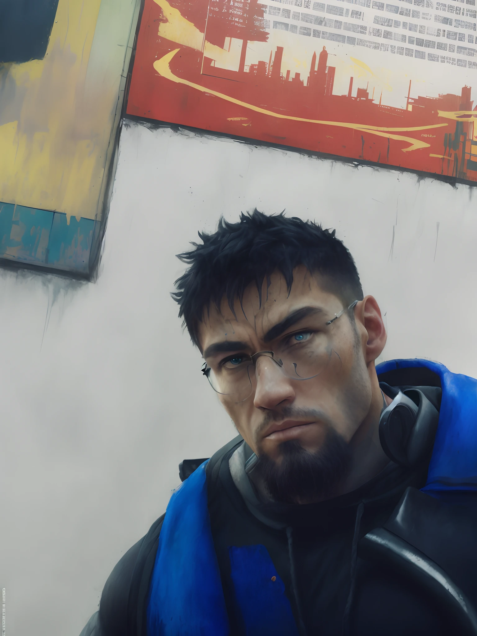 Strong muscular man,street angry,backpacks,epic realistic,photore,Faded,complex stuff around,the complex background,soaking wet,com cores neutras,((((hdr)))), ((((pastel colour)))),Complex scenes, art stations, Complicated details, vignet,Wearing glasses Hand push glasses