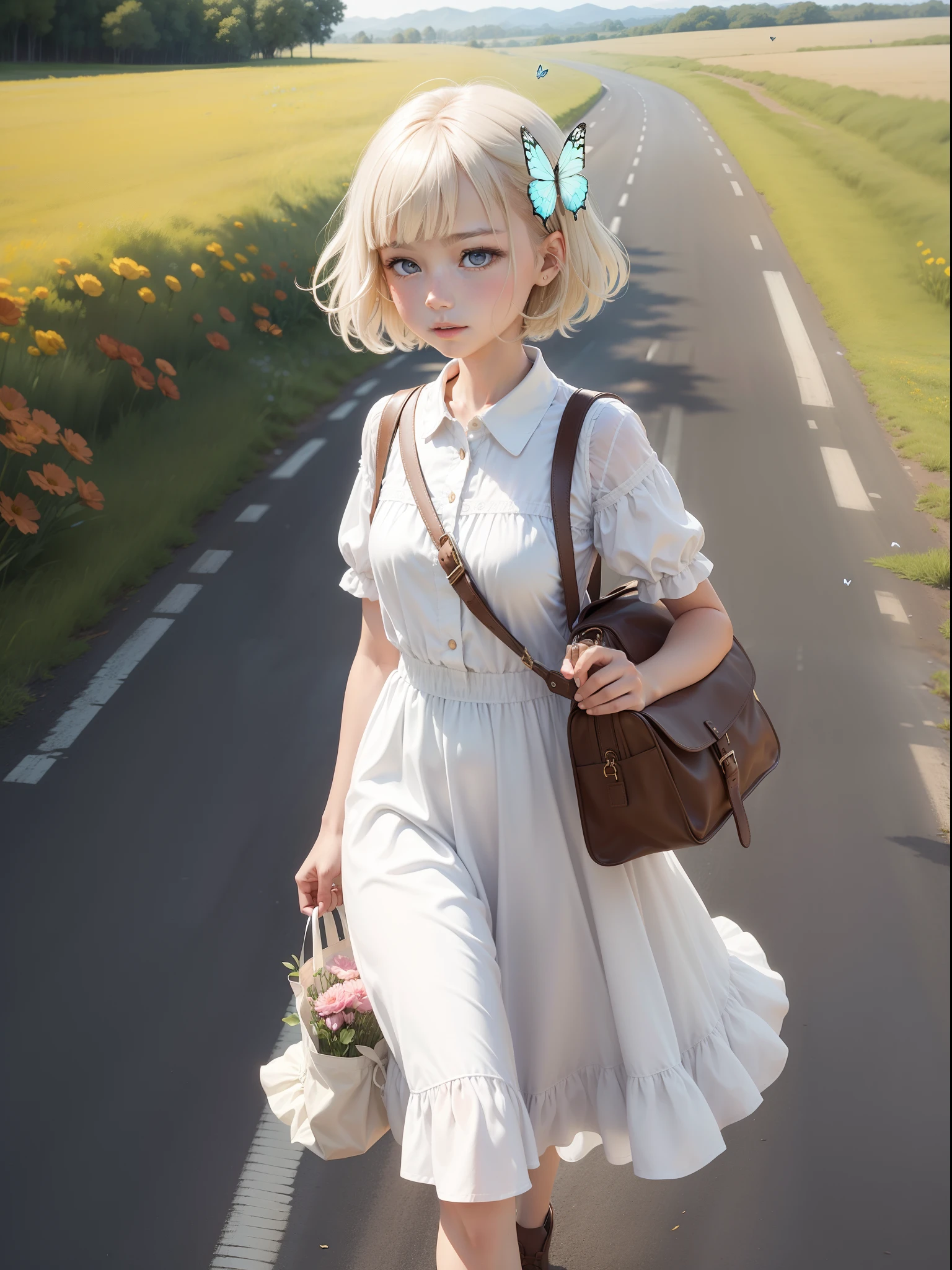 Girl in white dress,Carrying a school bag,Short hair walking down country roads, and a variety of flowers open on the side of the road, butterflies flying