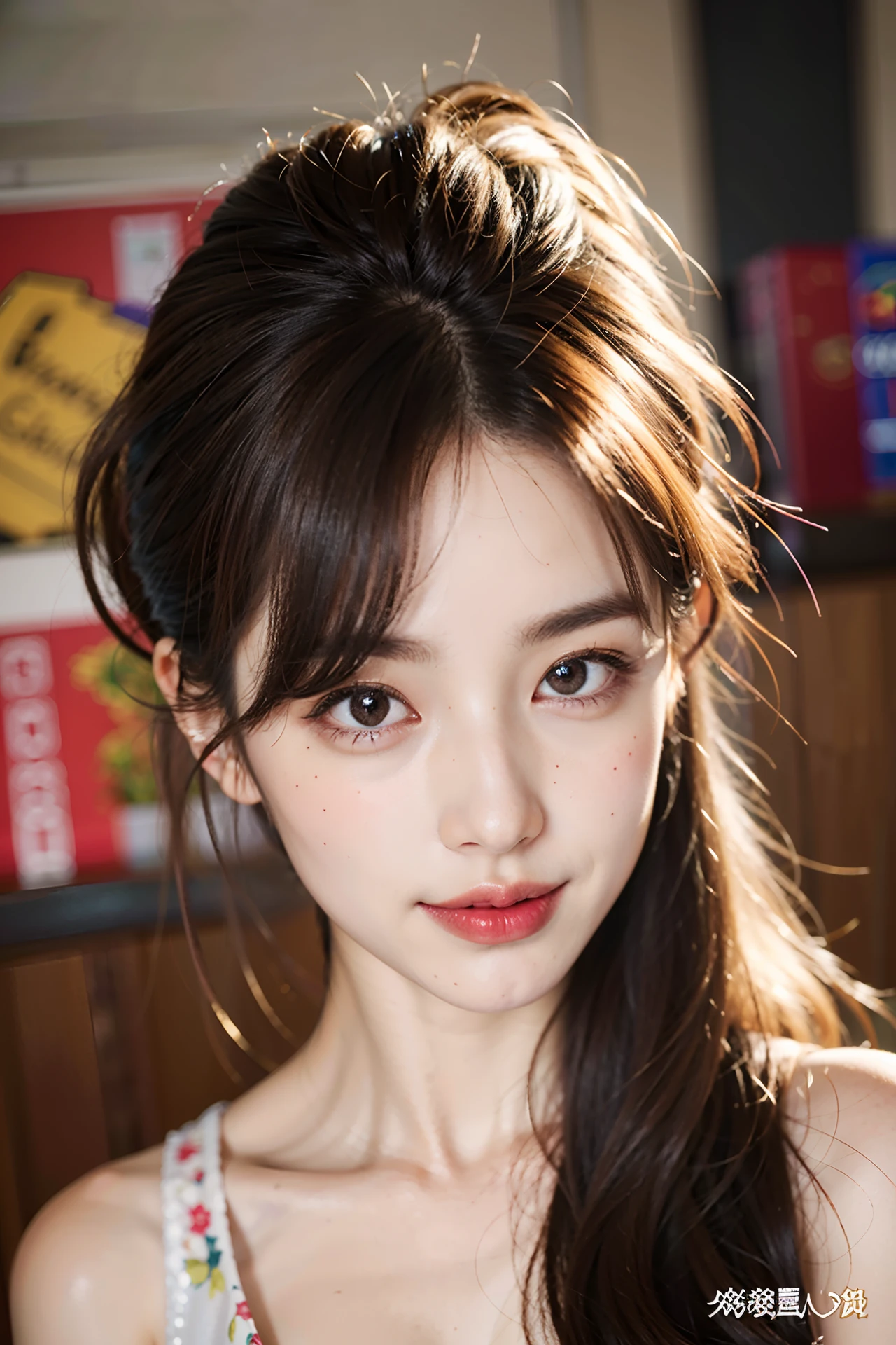(((Medium hair))), best qualtiy, 8K, hdr, A high resolution, absurderes:1.2, blur backgroun, Background bokeh:1.2, photography of, (RAW photo:1.2), (真实感:1.4), (Masterpiece:1.3), (complexdetails:1.2), 1girll, 独奏, japanaese girl, delicated, Beautiful detailed, (Detailed eyes), (Detailed facial features), Bigboobs, (((Large breasts))), Skin Firm, (Looking_at_peeping at the viewer), From_Front, （being thin），（best qualtiy：1.4），（超A high resolution：1.2），cinematic lighitnglamplight，（Extremely detailed illustration），（Gloss on lips，best qualtiy，超A high resolution，depth of fields，Caustics，Extensive illumination，naturalshadow，85mm， f/1.4, iso 200, 1/160s:0.75),1girll, Solo, (((Silk vest))) Smile, ((silk garment,pleatedskirt,‎Classroom))
