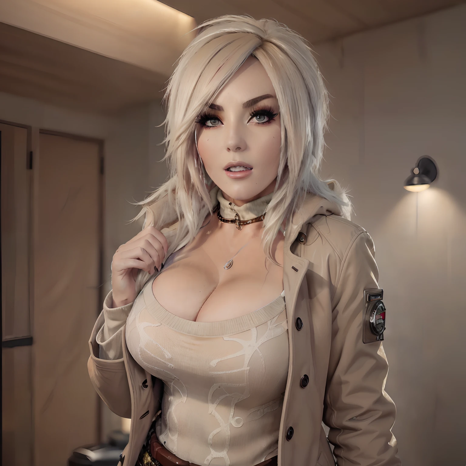 Masterpiece, best quality, high resolution, 32k HDR, (realistic picture of Jessica Nigri:1.35), ultra detailed face, hyper realistic texture, photorealistic, wearing long brown coat, turtleneck, (atmospheric lighting),shot on Arricam LT Camera,