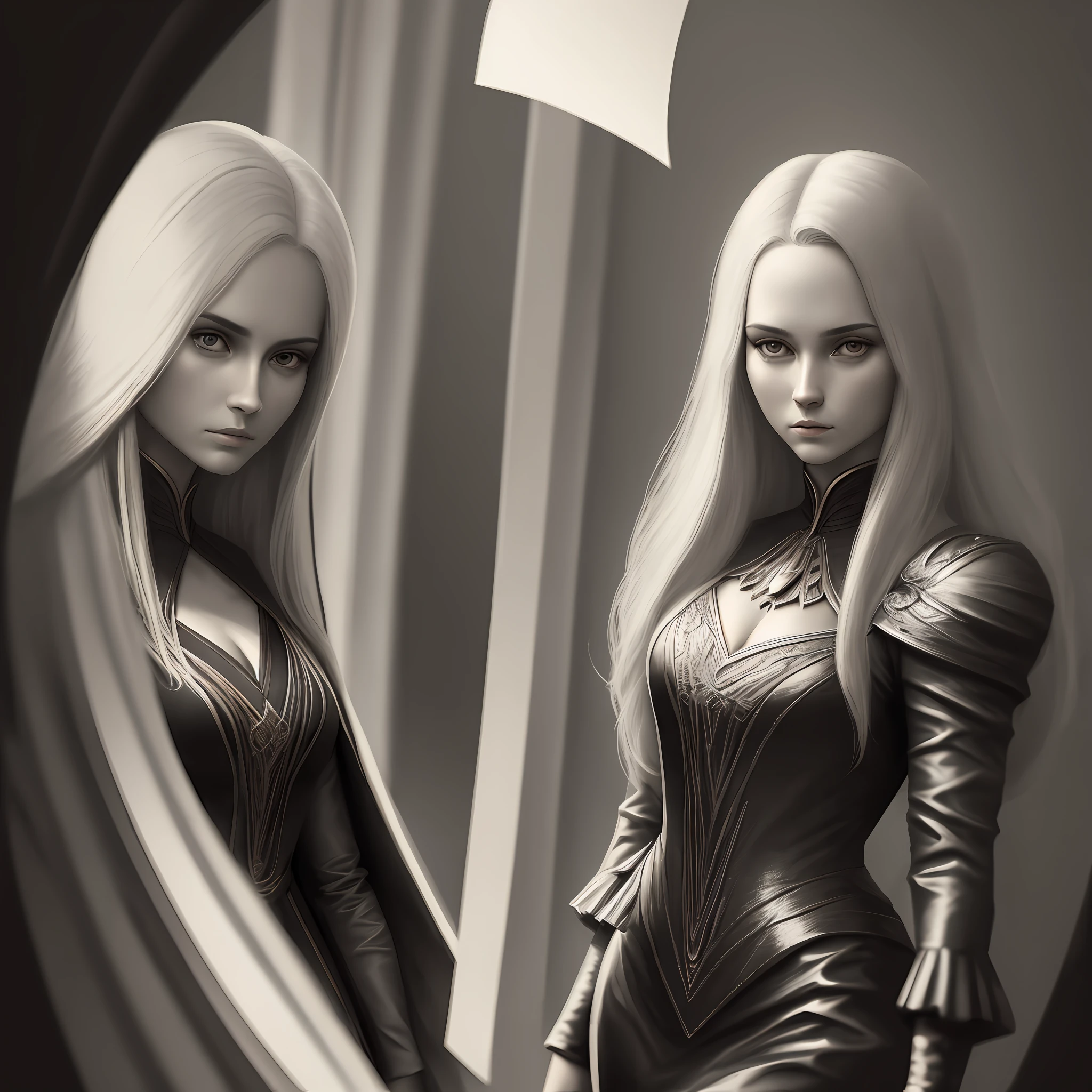Surrealist portraits of women by David Hockney and Alphonse Mucha，Fantasyart，photographrealistic，动态照明，artstation，poster for，Volumetriclighting，Very detailed faces，4 k，Award-Awarded，，1girl，in the darkness nigth，deep shading，low tune,(formal outfit:1.4),long whitr hair,