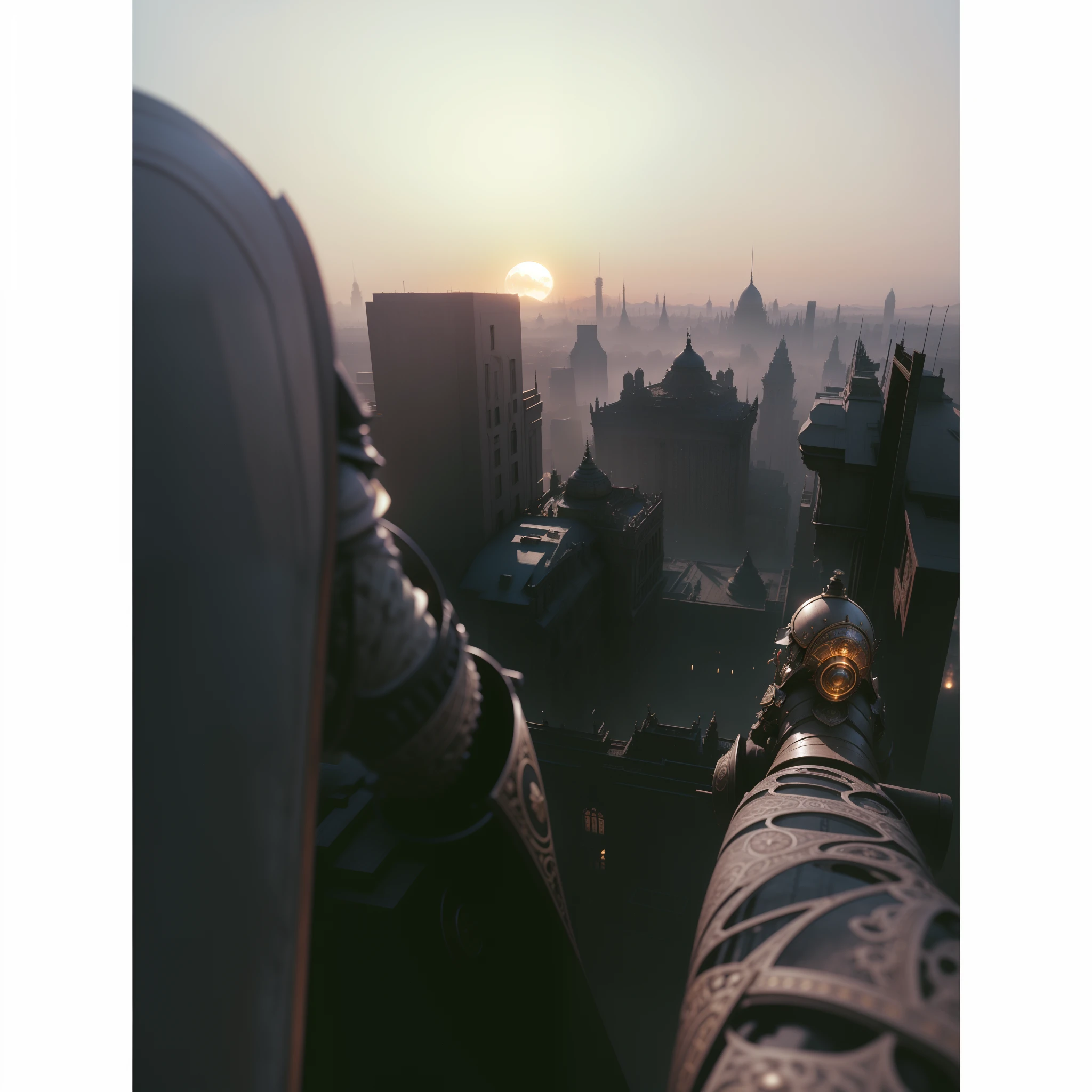 meccog, in a panoramic view, full bodyesbian, best qualtiy, tmasterpiece, 超高分辨率, (真实感:1.4), absurderes, Cinema lights,(koh_amberheard:0.9), extremelydetailedface,Fantasy sci-fi creatures,ultra-realistic realism,steampunc,intricatedesign,extremely higly detailed,exquisite detailing,buliding,Mechanical punk,Look,the setting sun,Artistically,SENSE OF CINEMA
