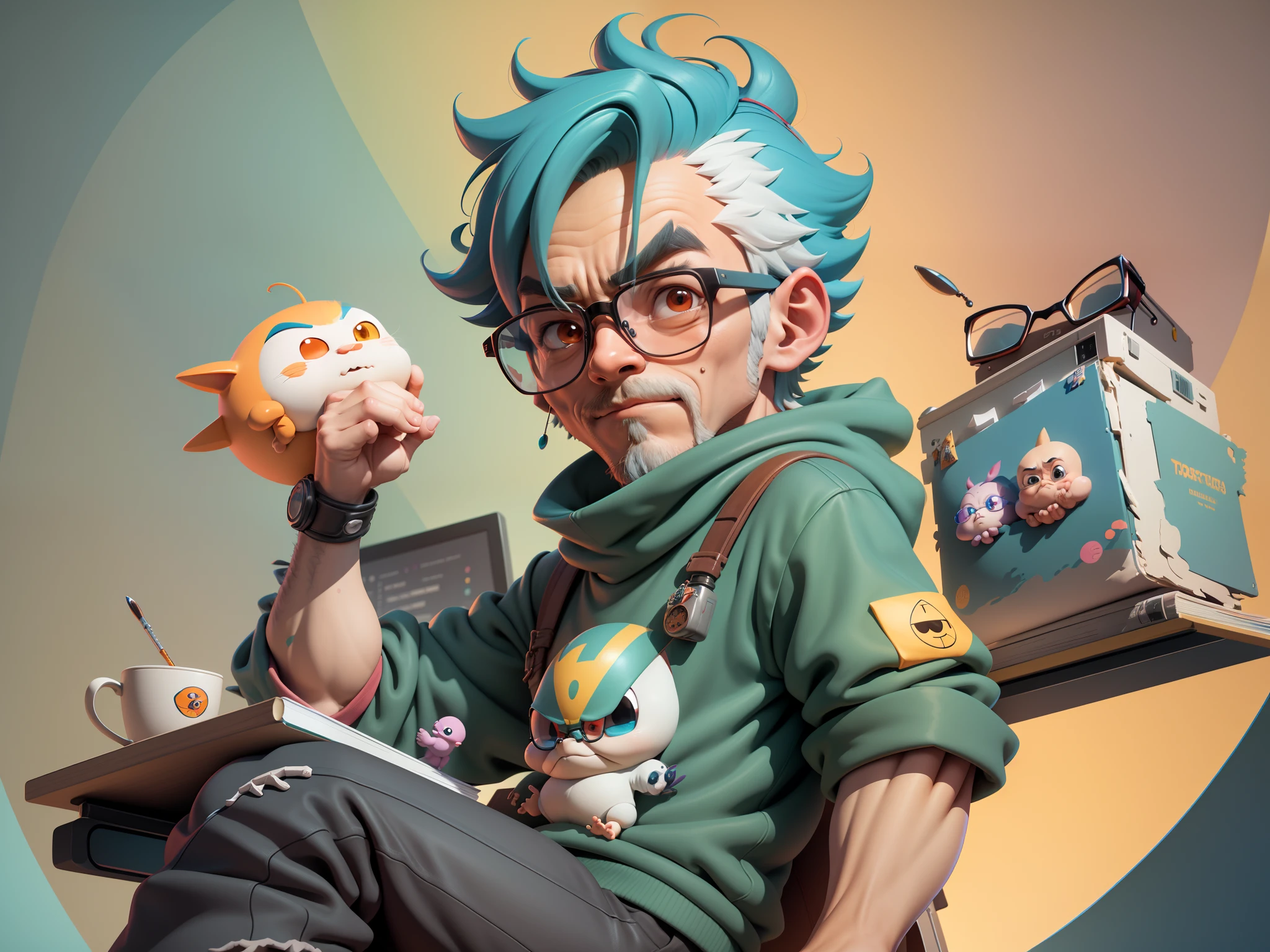 A young man with glasses sits at his desk，holding laptop，digitial painting，3D character design by Mark Clairen and Pixar and Hayao Miyazaki and Akira Toriyama，4K HD illustration，Very detailed facial features and cartoon-style visuals。