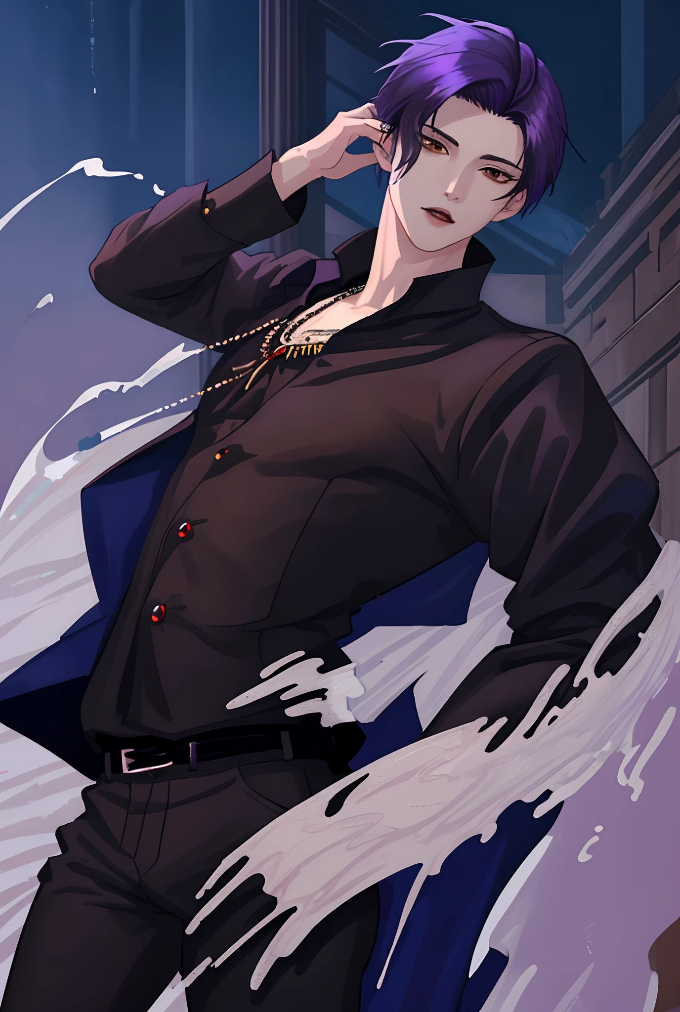 Moonlight behind, Stand in Front of the Church, selfy, Man with bright purple hair, inspired by Sim Sa-jeong, nixeu and sakimichan, Inspired by Wang Duo, Morgoth, inspired by Bian Shoumin, Virtual Self, looking this way, inspired by Gang Se-hwang, inspired by jeonseok lee, Tumbler, high-level image quality、 beautiful male、tall、window、𝓡𝓸𝓶𝓪𝓷𝓽𝓲𝓬、Korean Male, k pop, Professional Photos, Vampires, À la Fed Man with Necklace, inspired by Sim Sa-jeong, androgynous vampire, :9 detailed face: 8, extra detailed face, detailed punk hair, ((Brown eyes)) baggy eyes, Seductive. Highly detailed, semi realistic anime, Vampires, hyperrealistic teen, delicate androgynous prince, imvu, short hair above the ears, Man with short hair, Glaring expression, Cool pose, Korean fashion with white chest plate visible Y-shirt and black pants