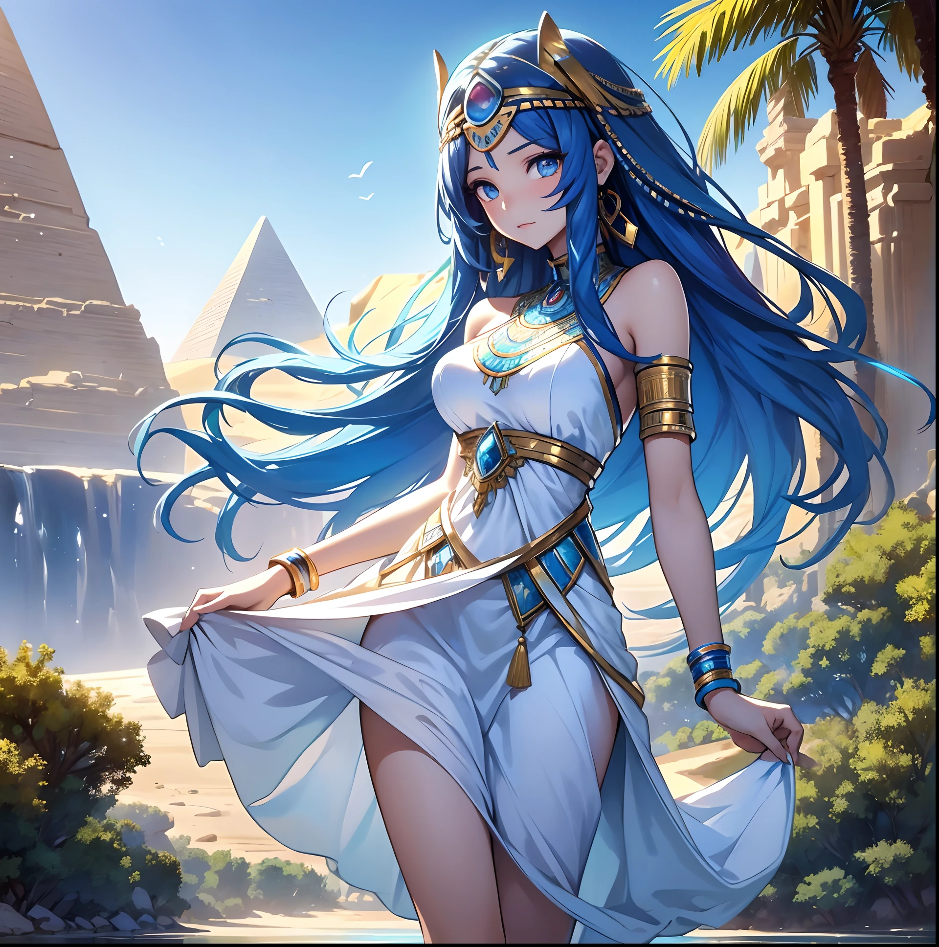 best qualityer，tmasterpiece，Ultimate resolution，downy，Extremely colorful，Colorful，Oasis background，Ancient Egyptian woman，Long azure hair，a matural female，Long white dress in Egyptian style，a white long skirt，Treading water，Desert oasis，Nile River，Normal posture