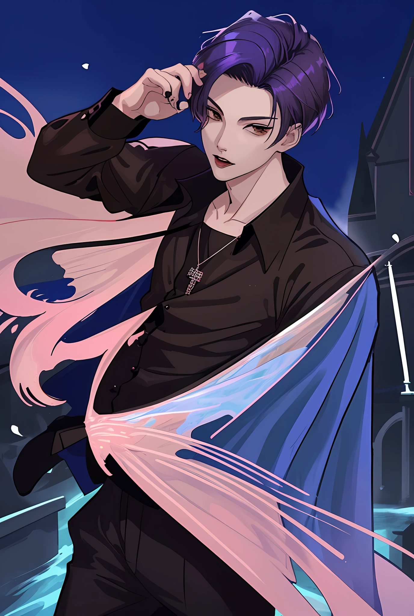 Moonlight behind, Stand in Front of the Church, selfy, Man with bright purple hair, inspired by Sim Sa-jeong, nixeu and sakimichan, Inspired by Wang Duo, Morgoth, inspired by Bian Shoumin, Virtual Self, looking this way, inspired by Gang Se-hwang, inspired by jeonseok lee, Tumbler, high-level image quality、 beautiful male、tall、window、𝓡𝓸𝓶𝓪𝓷𝓽𝓲𝓬、Korean Male, k pop, Professional Photos, Vampires, À la Fed Man with Necklace, inspired by Sim Sa-jeong, androgynous vampire, :9 detailed face: 8, extra detailed face, detailed punk hair, ((Brown eyes)) baggy eyes, Seductive. Highly detailed, semi realistic anime, Vampires, hyperrealistic teen, delicate androgynous prince, imvu, short hair above the ears, Man with short hair, Glaring expression, Cool pose, Korean fashion with white chest plate visible Y-shirt and black pants