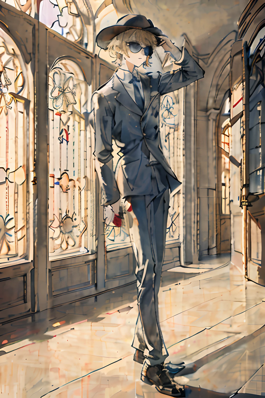 Boy student,blond hairbl,blueneyes,ssmile,Lunette de soleil,Hold sunglasses,The sun goes from top to bottom,Stand in front of floor-to-ceiling windows,bucket-hat,k hd