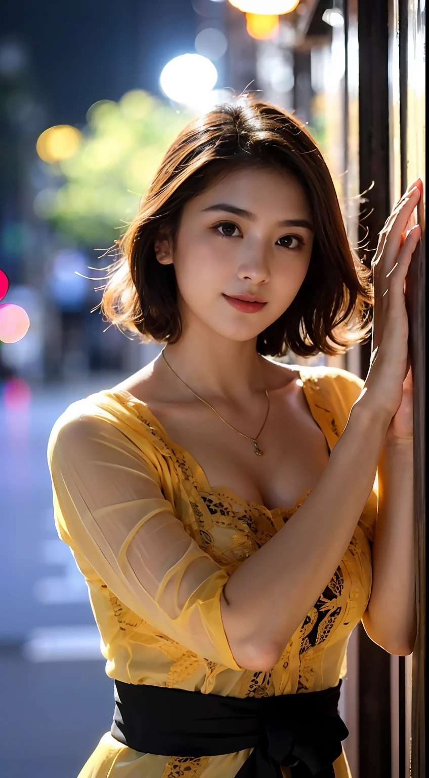 A girl holding a camera, mix4,(8k, RAW photo, best quality, masterpiece:1.2), (realistic, photo-realistic:1.37),1girl,cute,cityscape, night, rain, wet, professional lighting, photon mapping, radiosity, Physically-based rendering, gradient brunette hair, short curly hair, handsome, girly, white ball set, superb picture quality, high resolution, 1080p, (clear face), (detailed face description), (detailed hand description), (masterpiece), (exquisite CG), extreme light and shadow, messy hair, masterpiece, rich detail, (exquisite facial features), (highest image quality), (masterpiece), (detailed eyes), look forward to your eyes, delicate collarbone, kebaya_bali