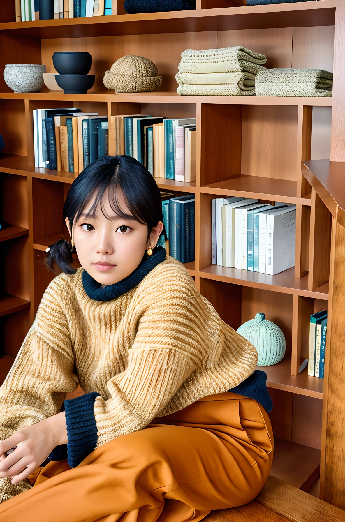 Knitwear in natural shades、Brown pants made of cotton material