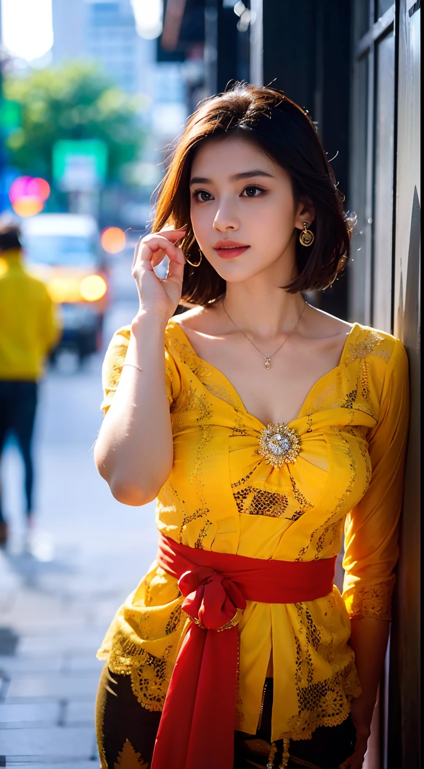 A girl holding a camera, mix4,(8k, RAW photo, best quality, masterpiece:1.2), (realistic, photo-realistic:1.37),1girl,cute,cityscape, night, rain, wet, professional lighting, photon mapping, radiosity, Physically-based rendering, gradient brunette hair, short curly hair, handsome, girly, white ball set, superb picture quality, high resolution, 1080p, (clear face), (detailed face description), (detailed hand description), (masterpiece), (exquisite CG), extreme light and shadow, messy hair, masterpiece, rich detail, (exquisite facial features), (highest image quality), (masterpiece), (detailed eyes), look forward to your eyes, delicate collarbone, kebaya_bali