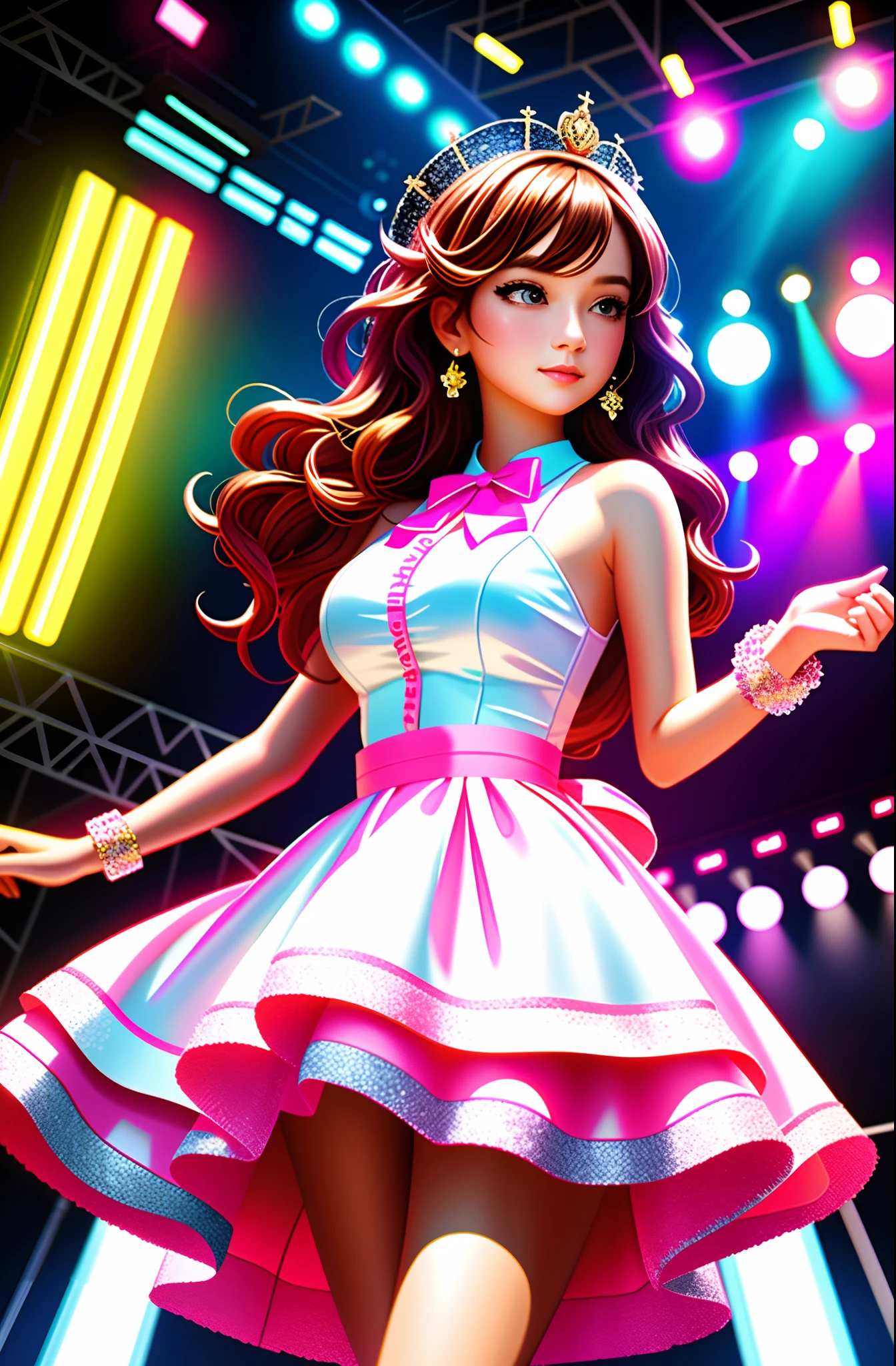 Masterpiece, Best quality, A high resolution, HMSL1, Medium hair, x hair ornamen, crown, pink flower, White dress, bridal garter, Bare shoulders, Wrist cuffs, frill dress, neck bowtie, Large breasts, Stage, day, sky, Cowboy shot, standing,1girll，idoly，Stage costumes，be on stage，holding a mic，Neon stage，Projector lamp illumination，LED stage background，Flowers bloom，Seven colored lights，(Masterpiece),(Best quality:1),(超高分辨率:1),the wallpaper, Detailed illustration, detailed beautiful skin, 1girll, Solo, Bikini, , Sexy, big breast, mini plaid skirt,