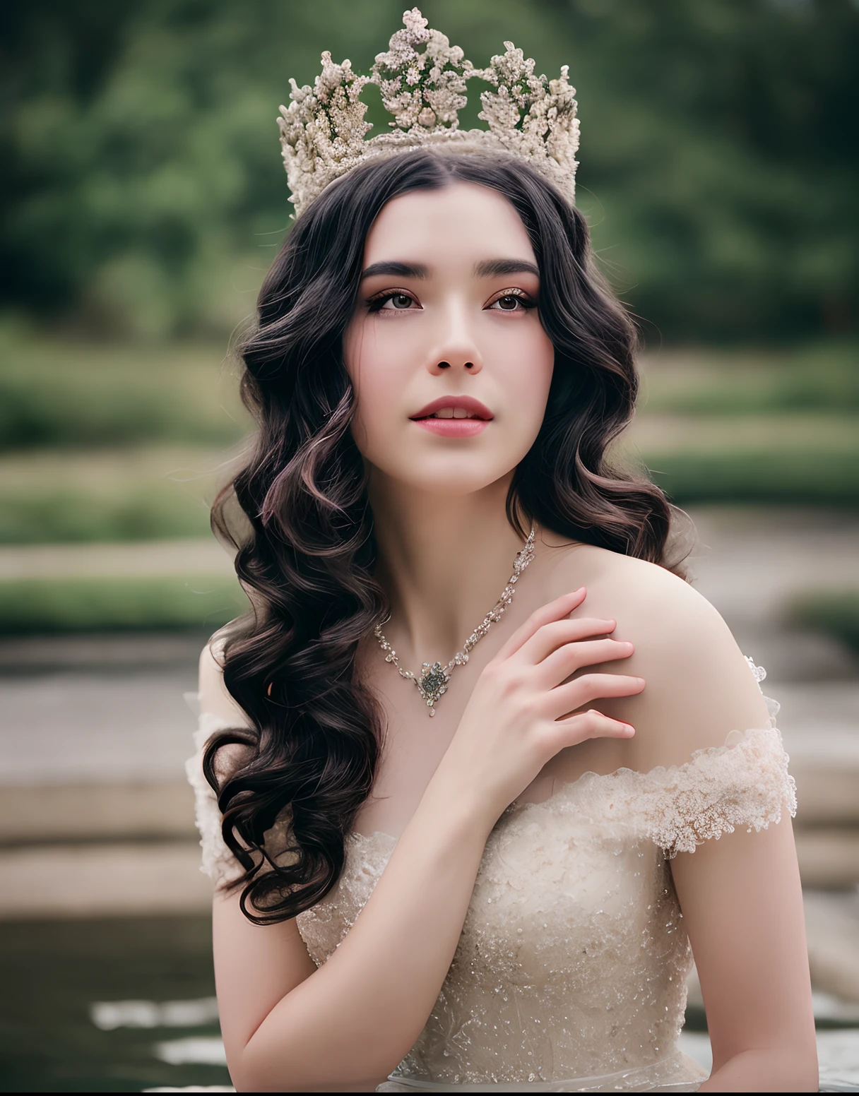 Cinematic shot of a statuesque Persian prince, dark skin, shiny black velvet royal dress with crown, on shoulder, heavy makeup, ruby ​​jewelry, long black wavy hair, delicate ruby ​​crown, sitting by the palace pond, head back, left forehead scattered hair On the ground, Water drops on body, Analog style, Bokeh, Depth of field, Photorealistic, 35mm films, Film grain, Cinematic lighting