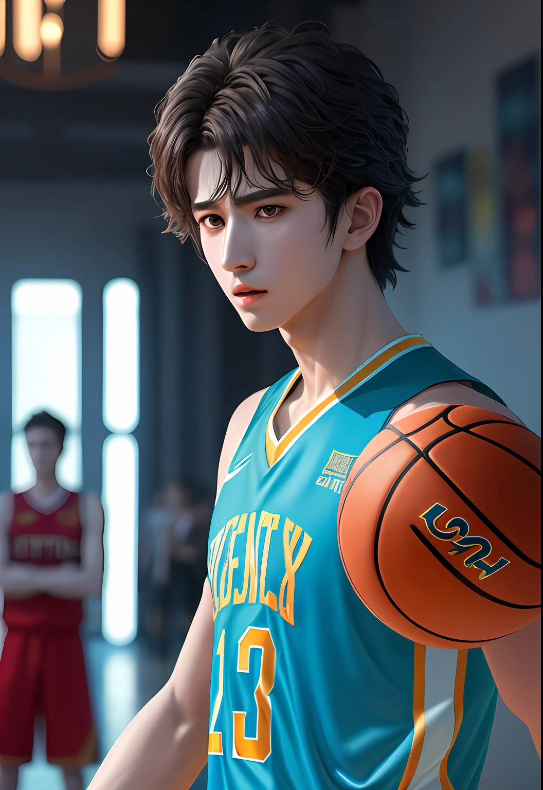scenecy,Eau,Extremely delicate CG Unity 8K wallpaper,peerless masterpiece,Majestic oil painting,iintricate,high detal,sharp fokus,Dramatic,Realistic painting,Cai Xukun basketball played the picture。