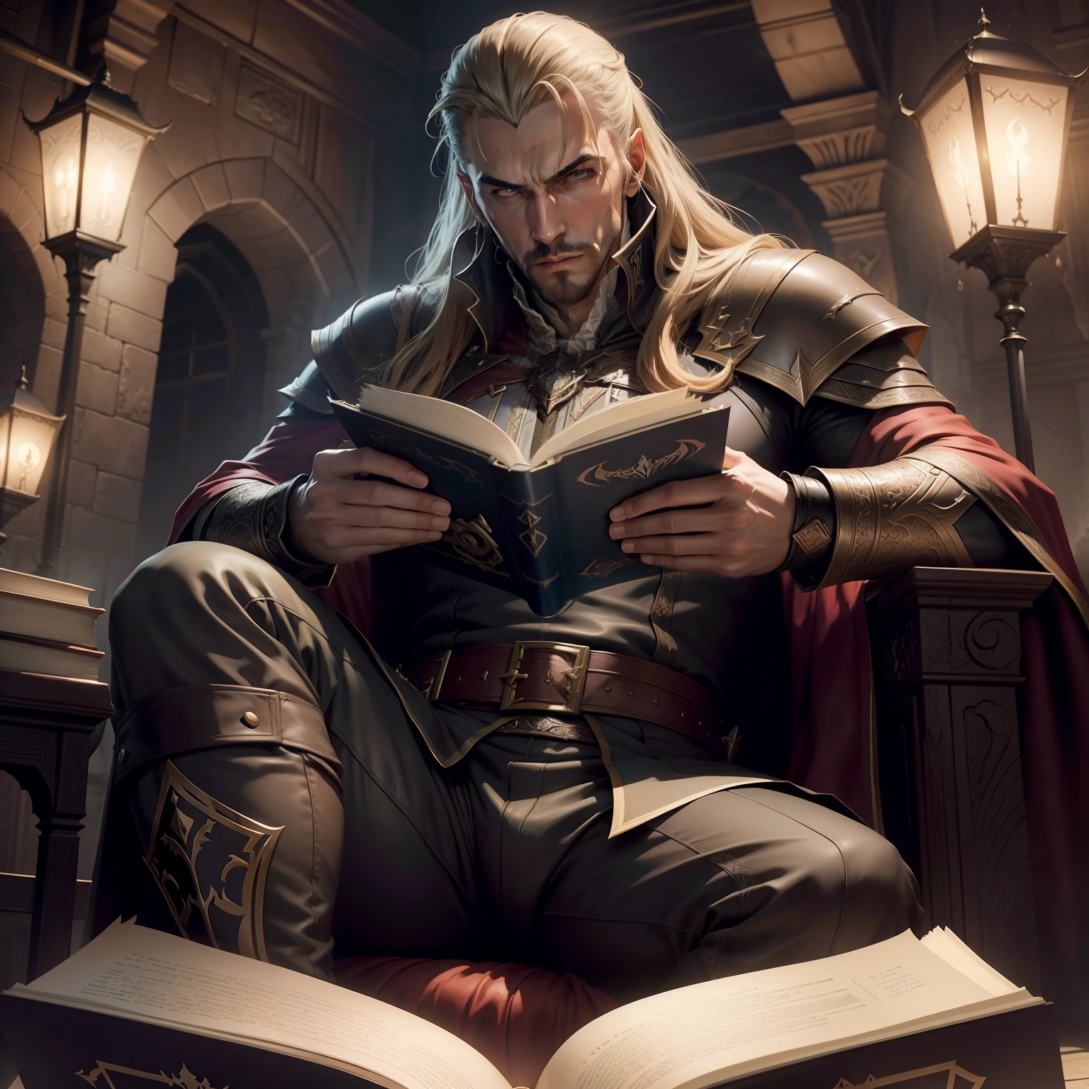 Castlevania Lord of the shadows sitting in great Legendary riad Reading Book hyper realistic super detailed Dynamic pose