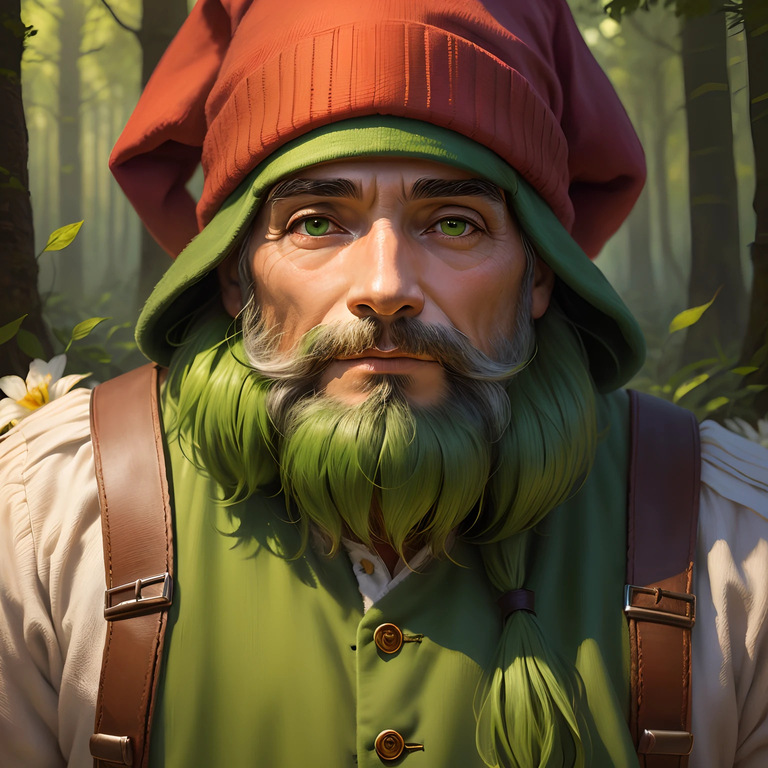 Gnomo homem de olhos verdes de capuz na floresta