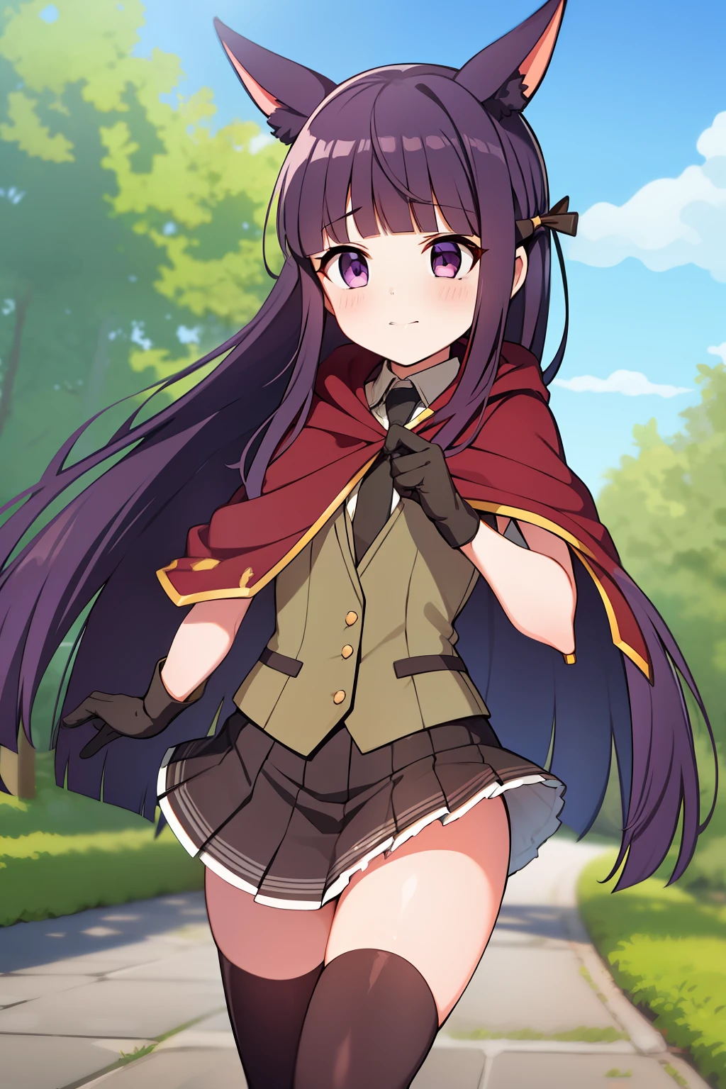 1girl, skirt, solo, purple eyes, elongated fur ears, outdoors, day, pleated skirt, long hair, shirt, necktie, vest, thighhighs, bangs, black necktie, building, closed mouth, white shirt, green vest, collared shirt, blush, looking at viewer, extra ears, cape, red cape, animal ear fluff, blunt bangs, blue sky