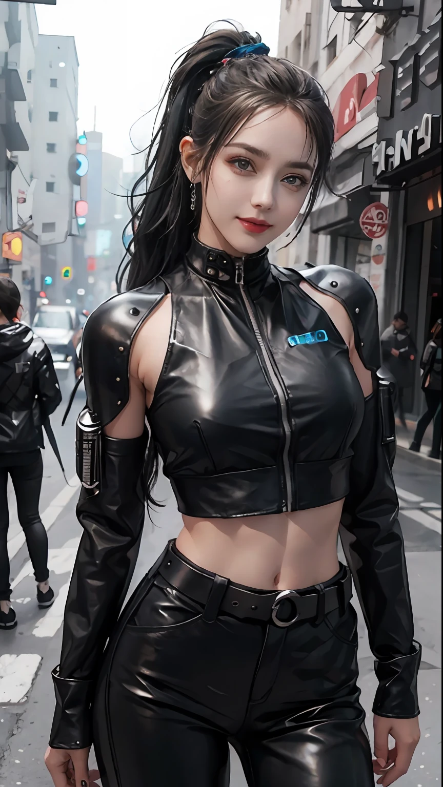 Lolita, smiling, 20 years old, ((best quality)), ((masterpiece)), (high definition:1.3), 3D, beautiful (cyberpunk:1.3), stylish woman looking at camera black leather clothes, sleeveless, embarrassed, waist skin invisible, blue-black leather pants, silver zipper,belt below the waist,super fine illustration,blond hair , showing forehead, silver center zipper, leather blue black bodysuit, sleevelesblue blacks, shiny, blonde ponytail