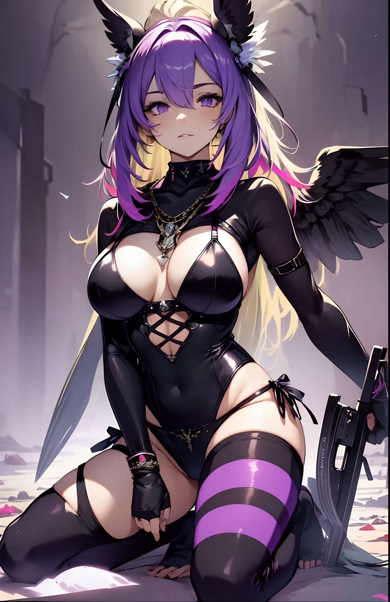 best qualityer,tmasterpiece,Ultimate resolution,downy,Extremely colorful,Colorful,Valley background,(Purple fog),Dancer,Bikini tights,Blindfolds,huge tit,The kinky is exposed,(cabellos largos dorados),Bird wings,a matural female,Kneeling pose,black reotard,vale,fog atmosphere,Normal posture