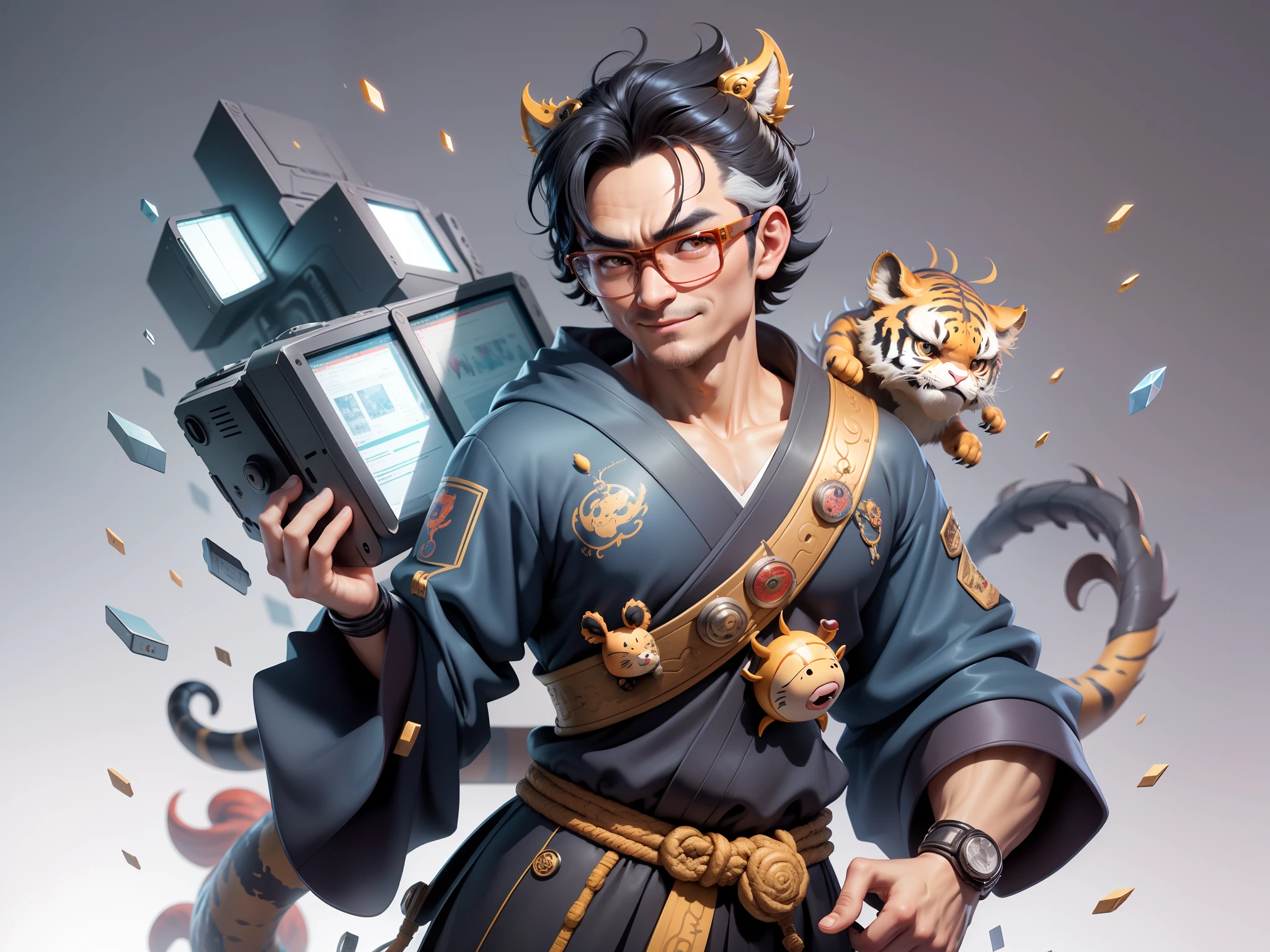 (Masterpiece), (Excellent), (Super Meticulous), (Full Body: 1.2), Super Young Man with Japanese Female Geisha, Pretty, Beautiful, Chinese Dragon, Tiger, Wind God Thor, Sexy, Bursting, Oriental Face, TV Anchor, Bust Portrait Illustration, Black Suit, Blue Tie, Slightly Chubby Face, Silver Glasses, Very Clean Face, No Beard on Chin, Black Super Short Hair, Black Eyes, Confident Smile, 3c Computer Sub-Products, iPad, iPhone, Digital Painting, 3D character design by Mark Clairedon and Pixar and Hayao Miyazaki and Akira Toriyama, the illustrations are HD illustrations in 4K resolution with highly detailed facial features and cartoon-style visuals.
