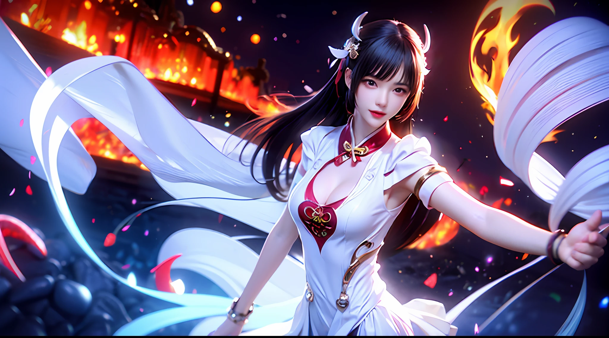 Hot red chili pepper woman，wearing  cheongsam，In a picture at 16K resolution，Elements around flames and balls。