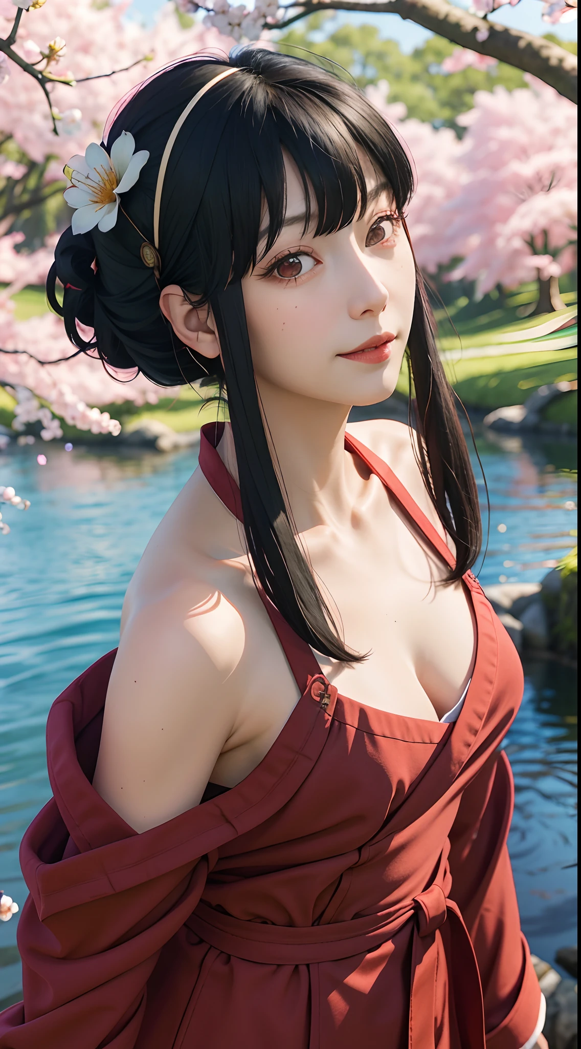 yor, Mature female,  bangs, side locks, Red eyes, Black hair, hair adornments，sportrait, (face:1.2), schoolgirls, ssmile,bare shoulders​, Black hair, cherry blossom, cleavage, (Robe:1.21), 鎖骨, Willow Branch, (masterpiece best quality :1.2),