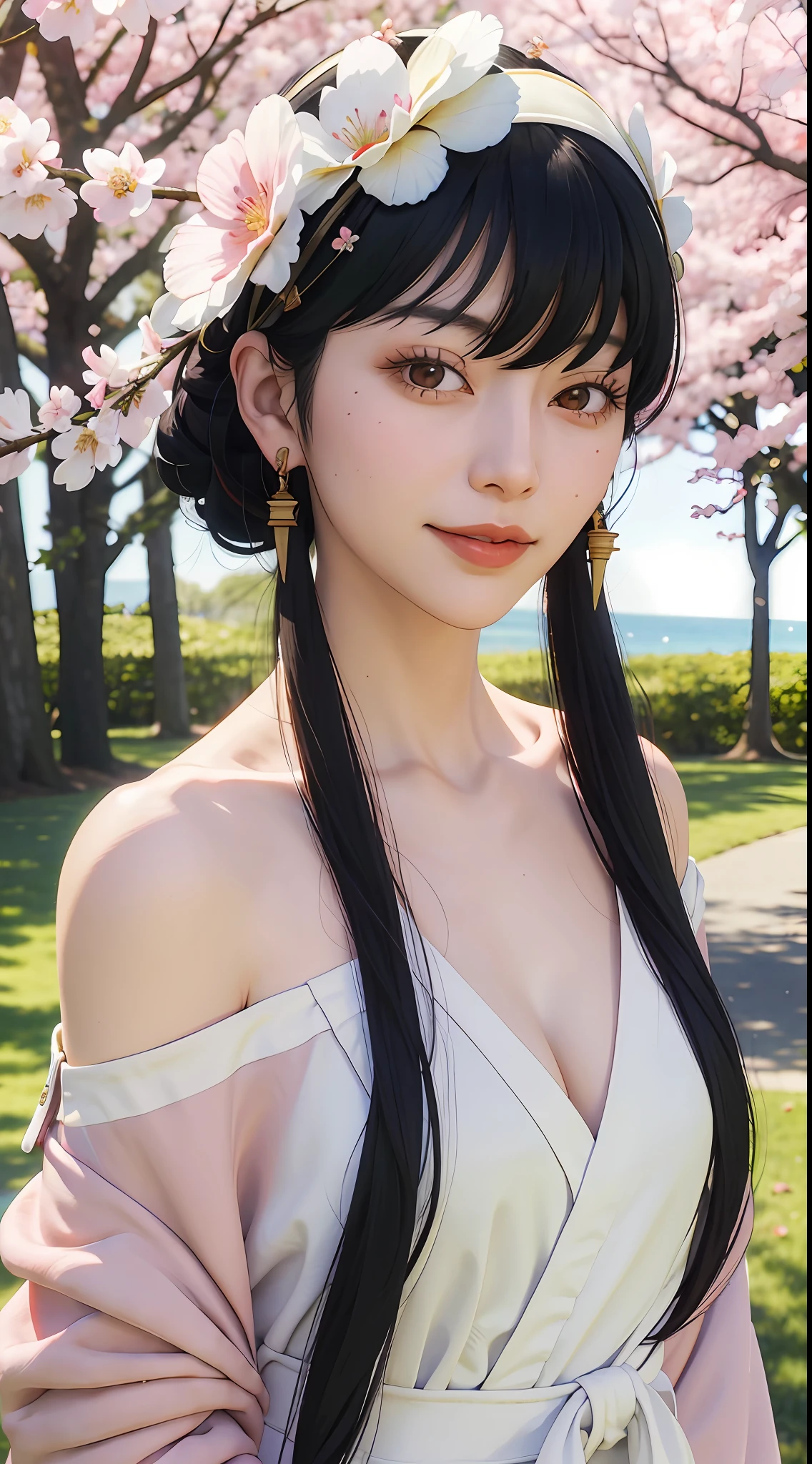 yor, Mature female,  bangs, side locks, Red eyes, Black hair, hair adornments，sportrait, (face:1.2), schoolgirls, ssmile,bare shoulders​, Black hair, cherry blossom, cleavage, (gown:1.21), clavicle, Willow Branch, (masterpiece best quality :1.2),