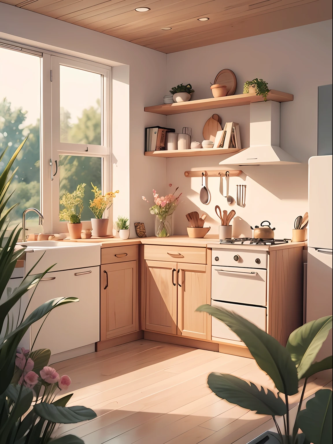 Kitchen illustration drawn in cartoon style. Add natural elements, As plants and flowers, And use a soft color palette to create a relaxing atmosphere.