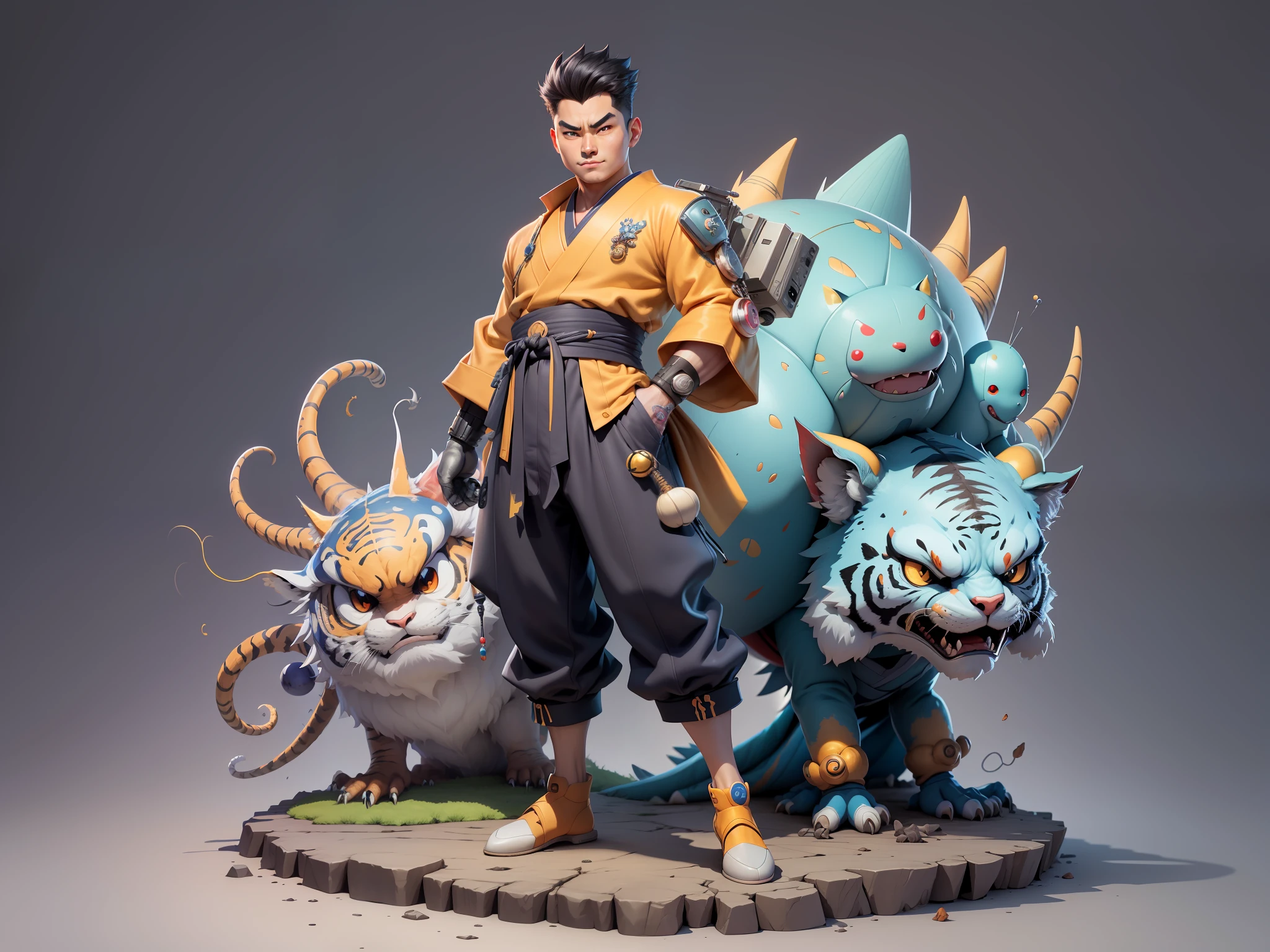 (Masterpiece), (Excellent), (Super Meticulous), (Full Body: 1.2), Super Young Man, Oriental Face, Japanese Kimono, Japanese Wind Thunder God, Dragon, Tiger, TV Anchor, Bust Portrait Illustration, Alone, Black Suit, Blue Tie, Slightly Chubby Face, Very Clean Face, No Beard, Black Super Short Hair, Black Eyes, Confident Smile, 3c Computer Sub-Products, iPad, iPhone, Digital Painting, 3D Character Design by Akira Toriyama and Mark Claireden and Pixar and Hayao Miyazaki, The illustration is a high-definition illustration in 4K resolution with very detailed facial features and cartoon-style visuals.
