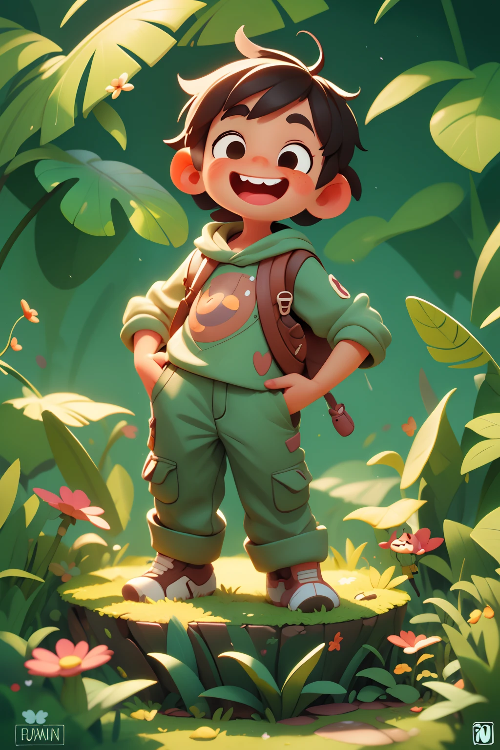 a happy cute ??? standing short hair, vestindo uma fantasia espacial, brincando com uma borboleta, ao ar livre, floresta de fundo, barnet, toon, estilo pixar, 3d, desenhos animados, rosto detalhado, asymmetrical 16k