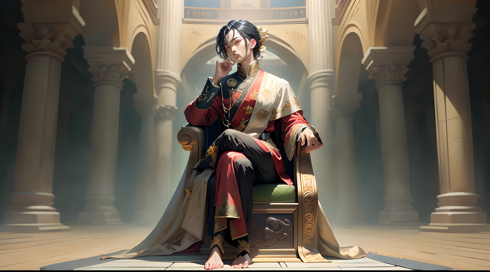The second dimension has dragon horn black hair,green pupills,There is a touch of red at the corner of the eye,Wearing classical clothes,male people,Step on the lotus