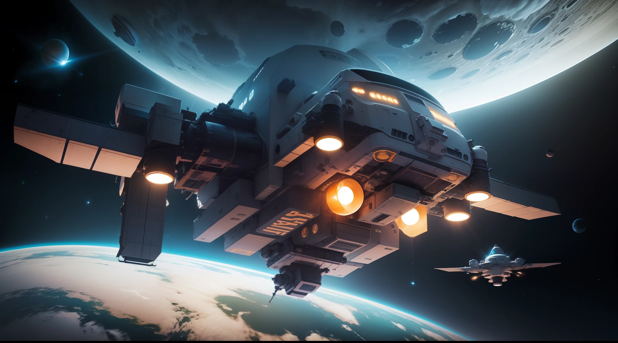 orbiting space ships，Orbiting the planet，detailed spacecraft，conceptual drawing，immensity，Faster-than-light engine