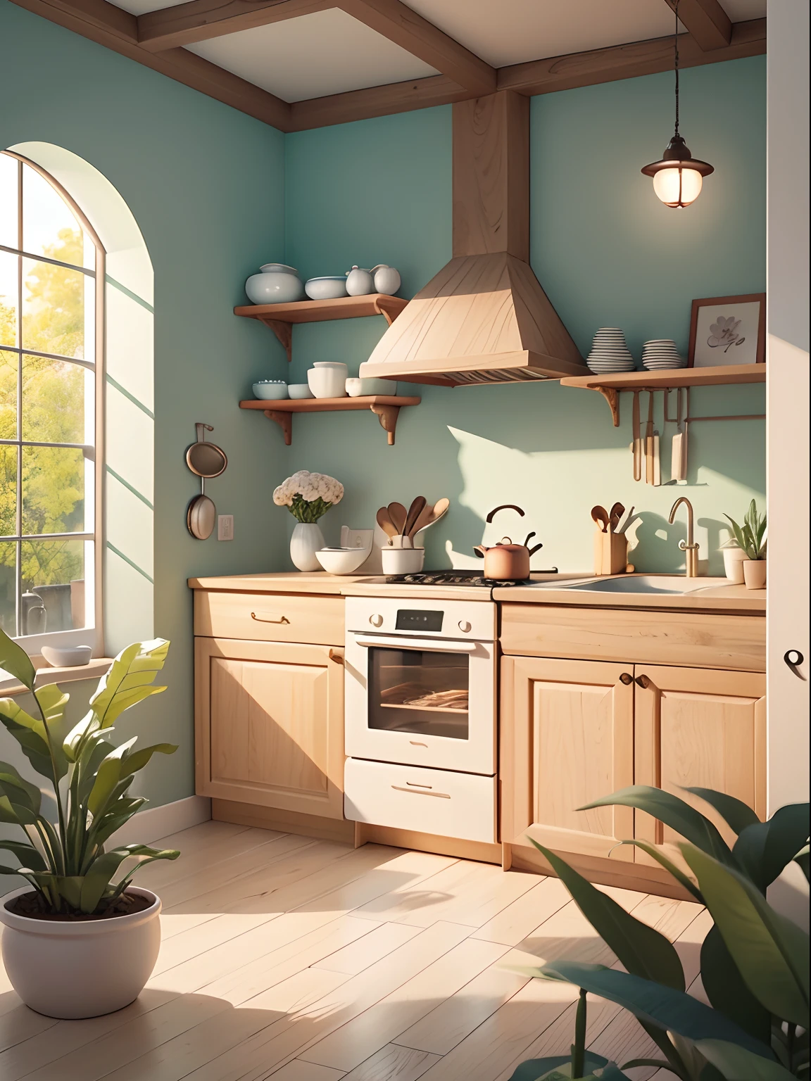 Kitchen illustration drawn in cartoon style. Add natural elements, As plants and flowers, And use a soft color palette to create a relaxing atmosphere.