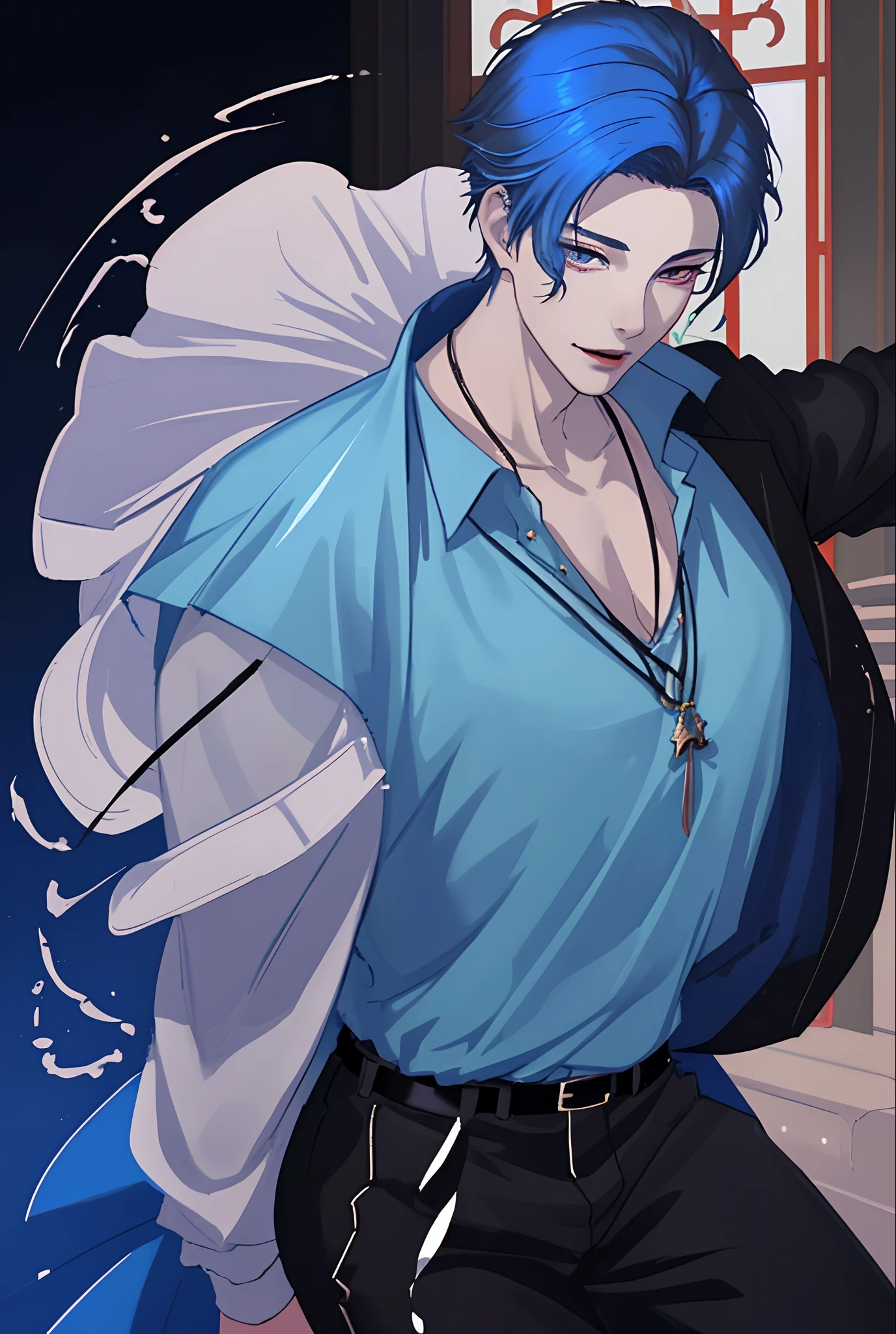 Moonlight behind, Stand in Front of the Church, Man with light blue hair, inspired by Sim Sa-jeong, nixeu and sakimichan, Inspired by Wang Duo, Morgoth, inspired by Bian Shoumin, Virtual Self, looking this way, inspired by Gang Se-hwang, inspired by jeonseok lee, Tumbler, high-level image quality、 beautiful male、tall、window、𝓡𝓸𝓶𝓪𝓷𝓽𝓲𝓬、Korean Male, k pop, Professional Photos, Vampires, À la Fed Man with Necklace, inspired by Sim Sa-jeong, androgynous vampire, :9 detailed face: 8, extra detailed face, detailed punk hair, ((eyes are brown)) baggy eyes, Seductive. Highly detailed, semi realistic anime, Vampires, hyperrealistic teen, delicate androgynous prince, imvu, short hair above the ears, Man with short hair, Gentle expression, Smiling expression, Cool pose, Korean fashion with white chest plate visible Y-shirt and black pants