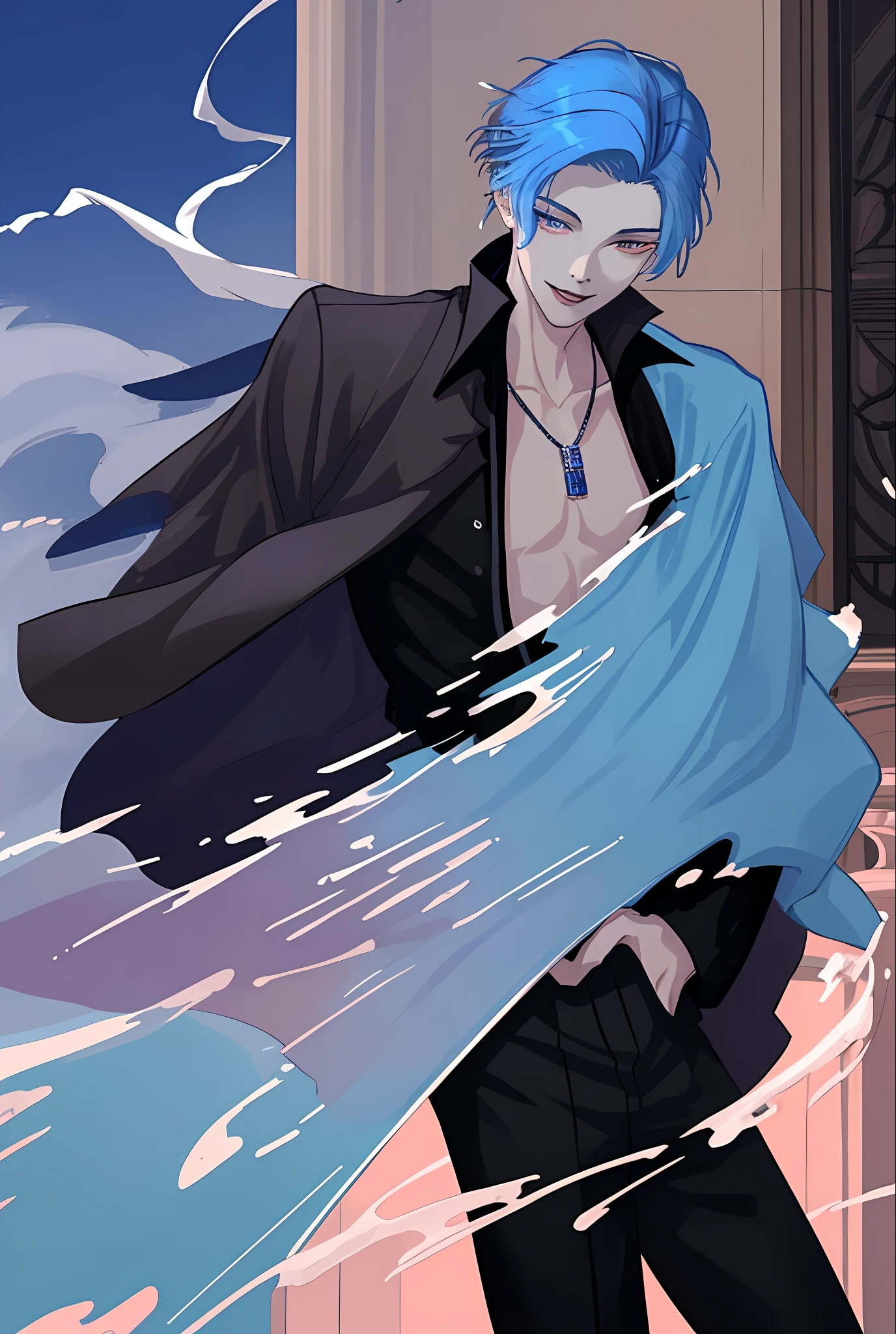 Moonlight behind, Stand in Front of the Church, Man with light blue hair, inspired by Sim Sa-jeong, nixeu and sakimichan, Inspired by Wang Duo, Morgoth, inspired by Bian Shoumin, Virtual Self, looking this way, inspired by Gang Se-hwang, inspired by jeonseok lee, Tumbler, high-level image quality、 beautiful male、tall、window、𝓡𝓸𝓶𝓪𝓷𝓽𝓲𝓬、Korean Male, k pop, Professional Photos, Vampires, À la Fed Man with Necklace, inspired by Sim Sa-jeong, androgynous vampire, :9 detailed face: 8, extra detailed face, detailed punk hair, ((Eyes are brown)) baggy eyes, Seductive. Highly detailed, semi realistic anime, Vampires, hyperrealistic , delicate androgynous prince, imvu, short hair above the ears, Man with short hair, Gentle expression, Smiling expression, Cool pose, Korean fashion with white chest plate visible Y-shirt and black pants